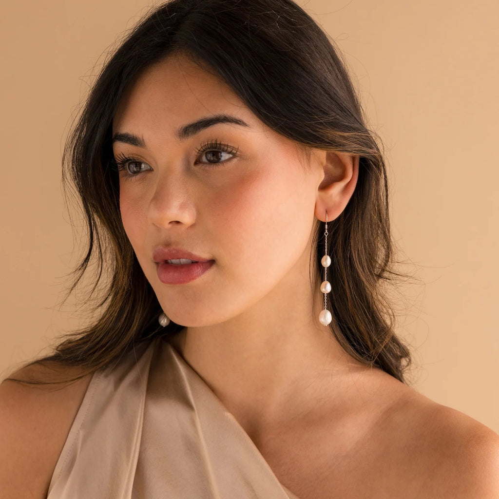 Long Pearl Dangle Earrings Silver 18K Gold Plated