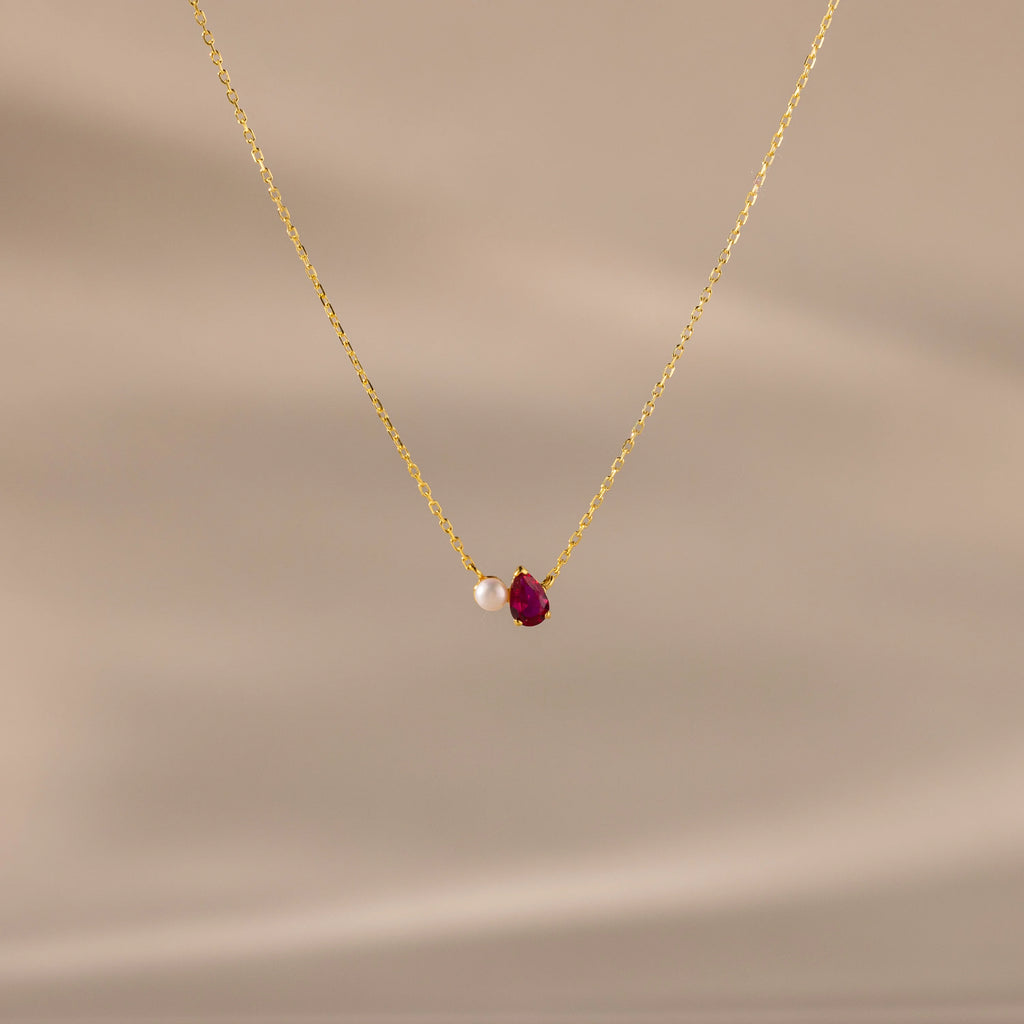 Teardrop Birthstone & Pearl Necklace Silver 18K Gold Plated