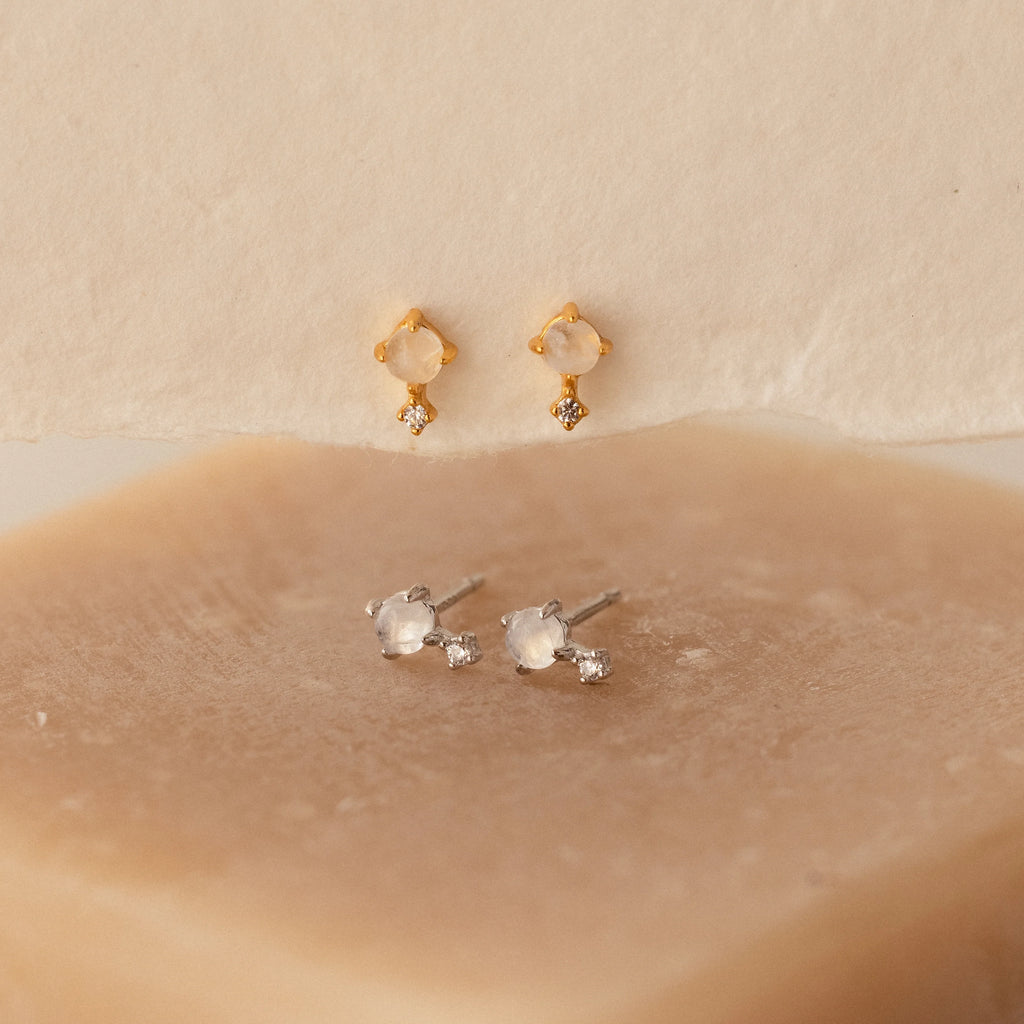 Diamond Moonstone Orbit Studs Silver 18K Gold Plated