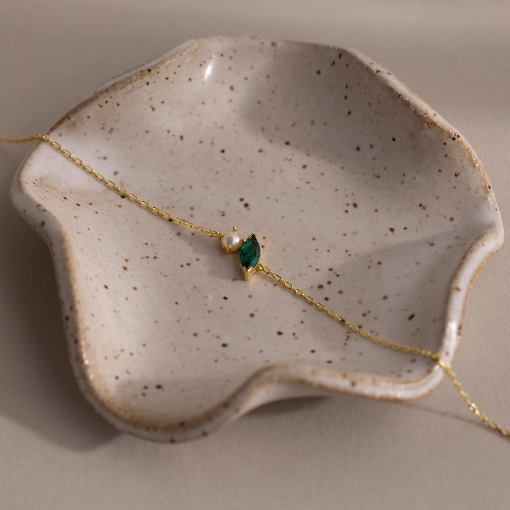 Marquise Cut Emerald & Pearl Bracelet Silver 18K Gold Plated