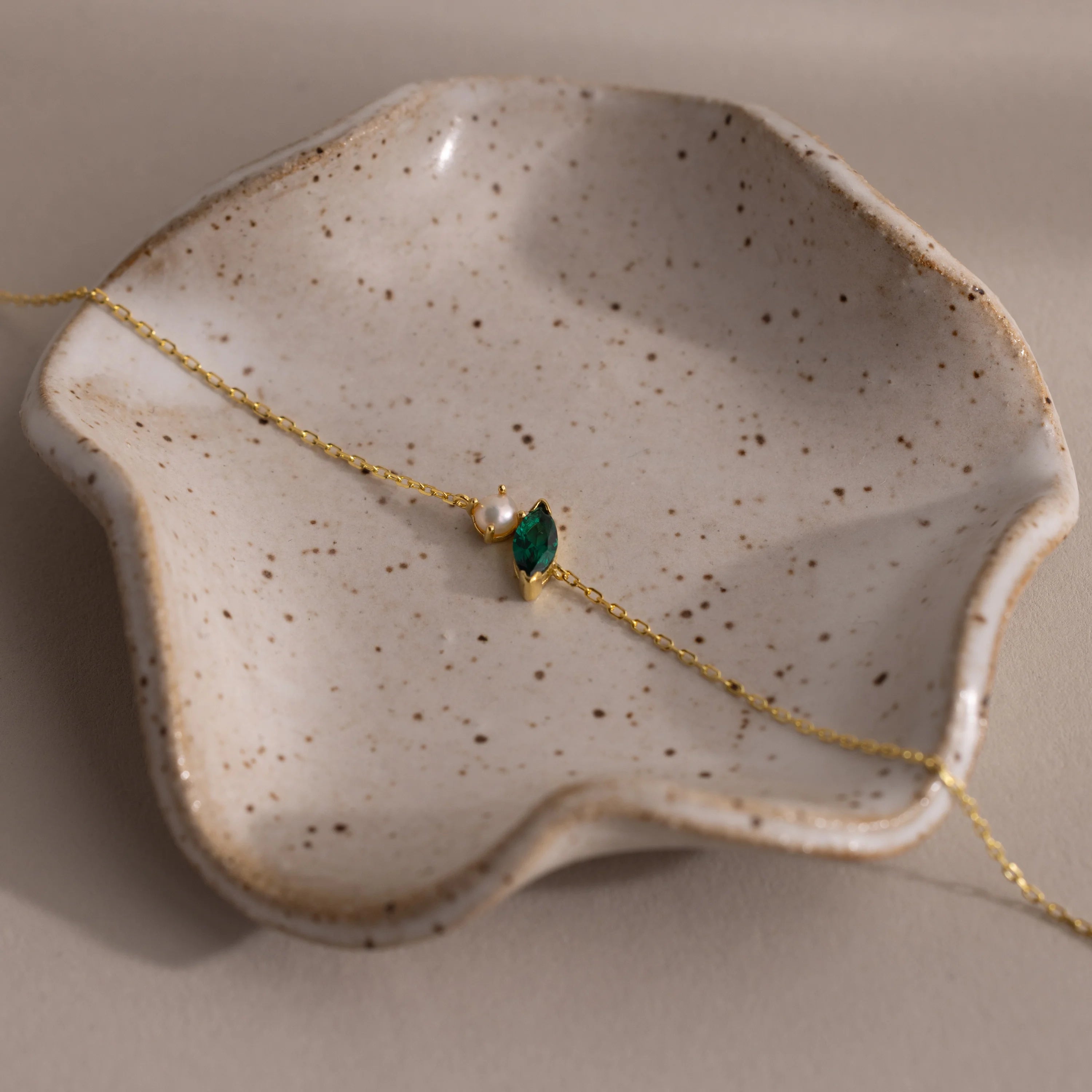 Marquise Cut Emerald & Pearl Bracelet Silver 18K Gold Plated
