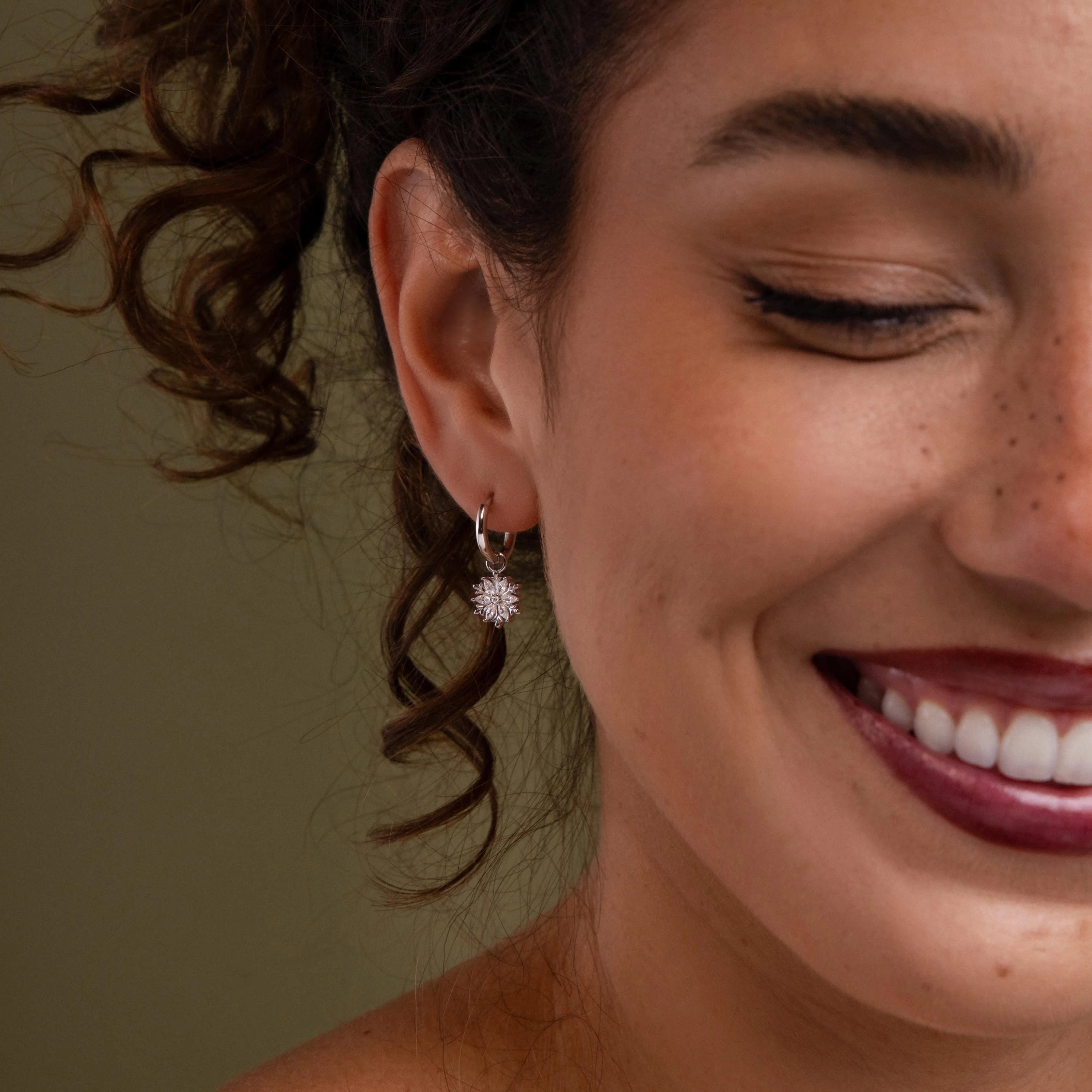 Diamond Poinsettia Charm Hoops Silver 18K Gold Plated
