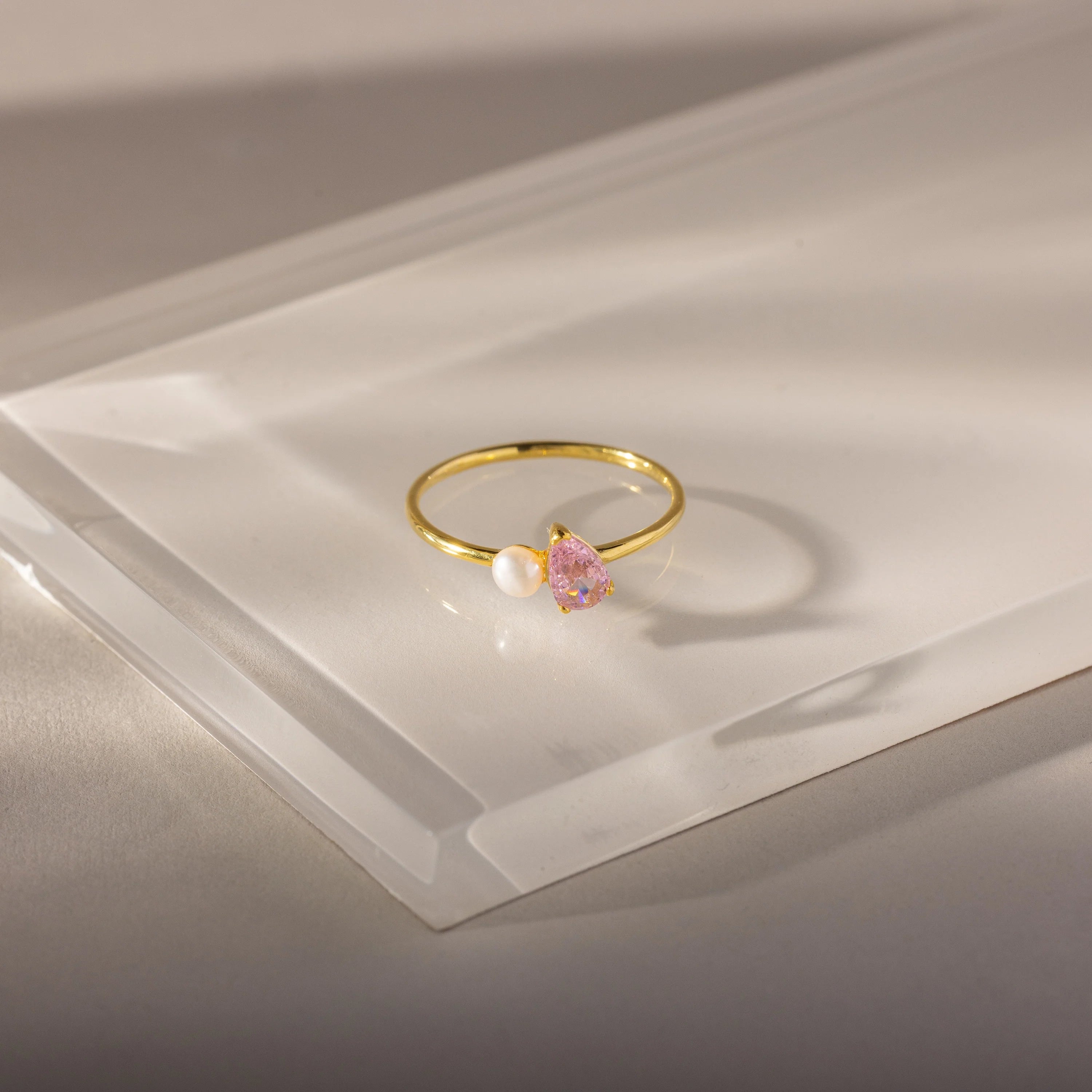 Teardrop Pink Tourmaline & Pearl Ring Silver 18K Gold Plated