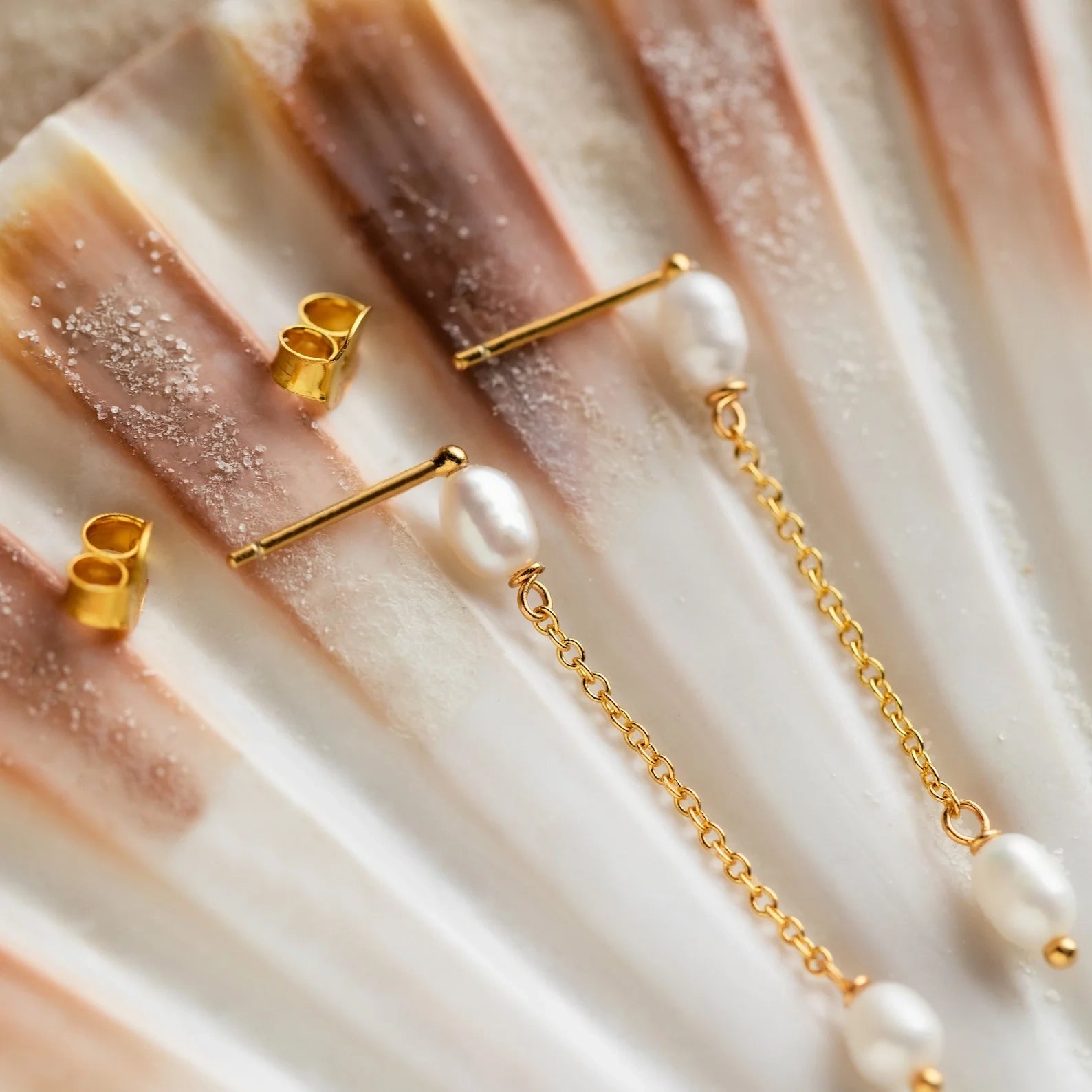 Pearl Drop Chain Earrings Silver 18K Gold Plated