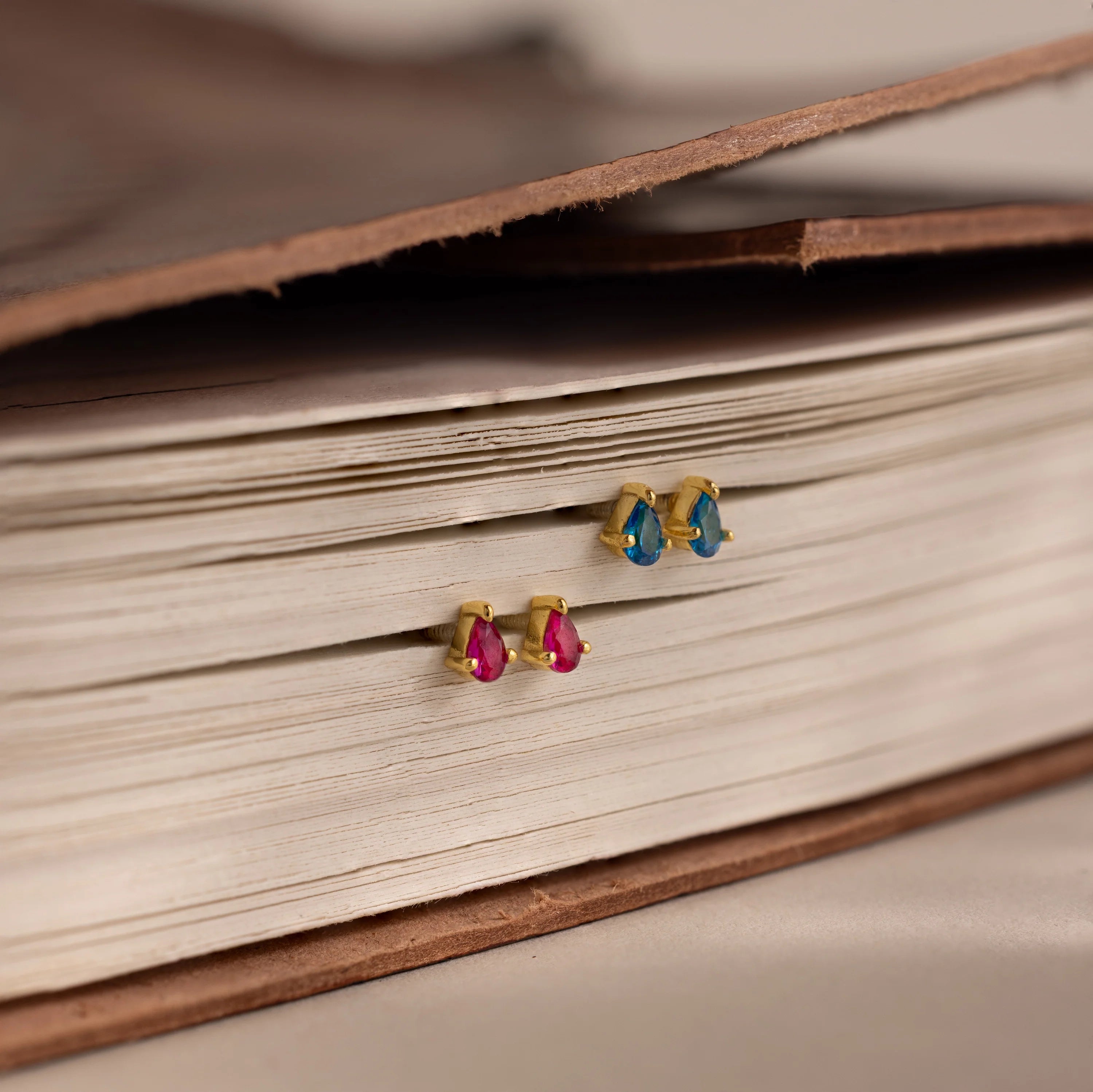 Teardrop Ruby Flatback Studs  Silver 18K Gold Plated