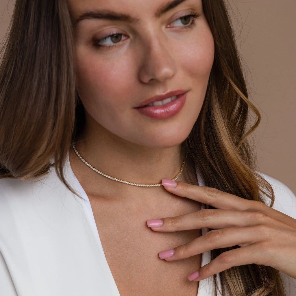 Diamond Tennis Choker Necklace Silver 18K Gold Plated