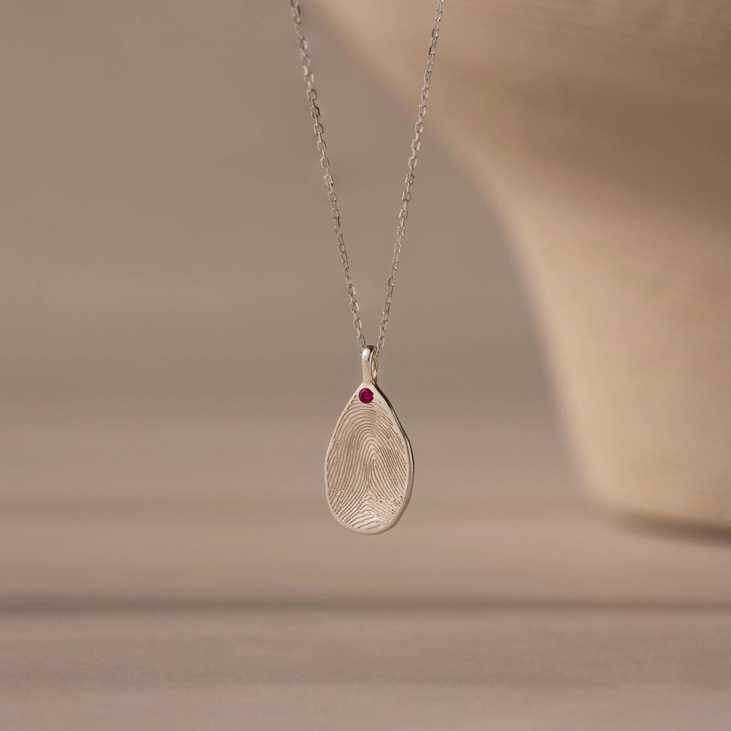 Fingerprint Birthstone Teardrop Necklace Silver 18K Gold Plated