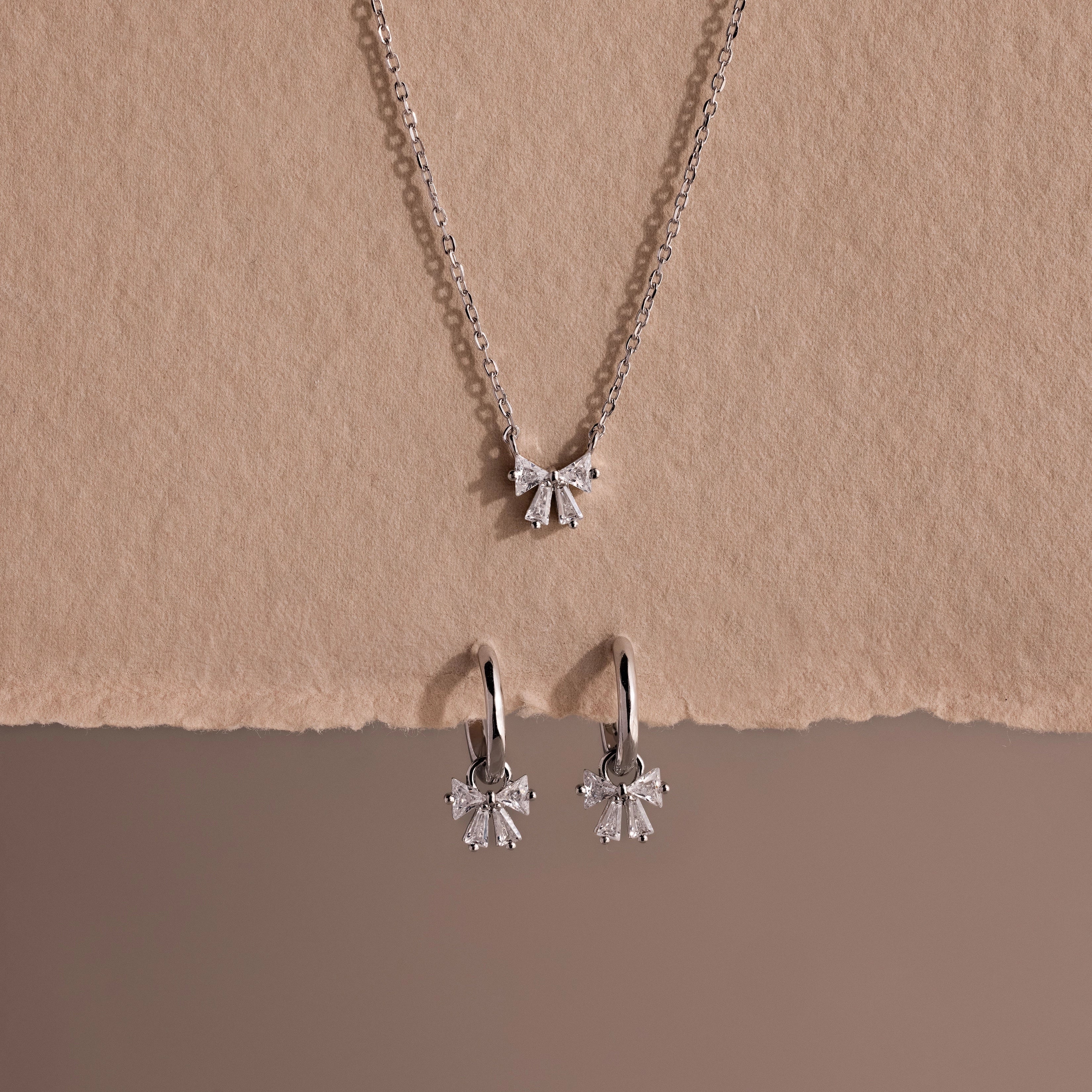 Diamond Bow Necklace & Earrings Set Silver 18K Gold Plated