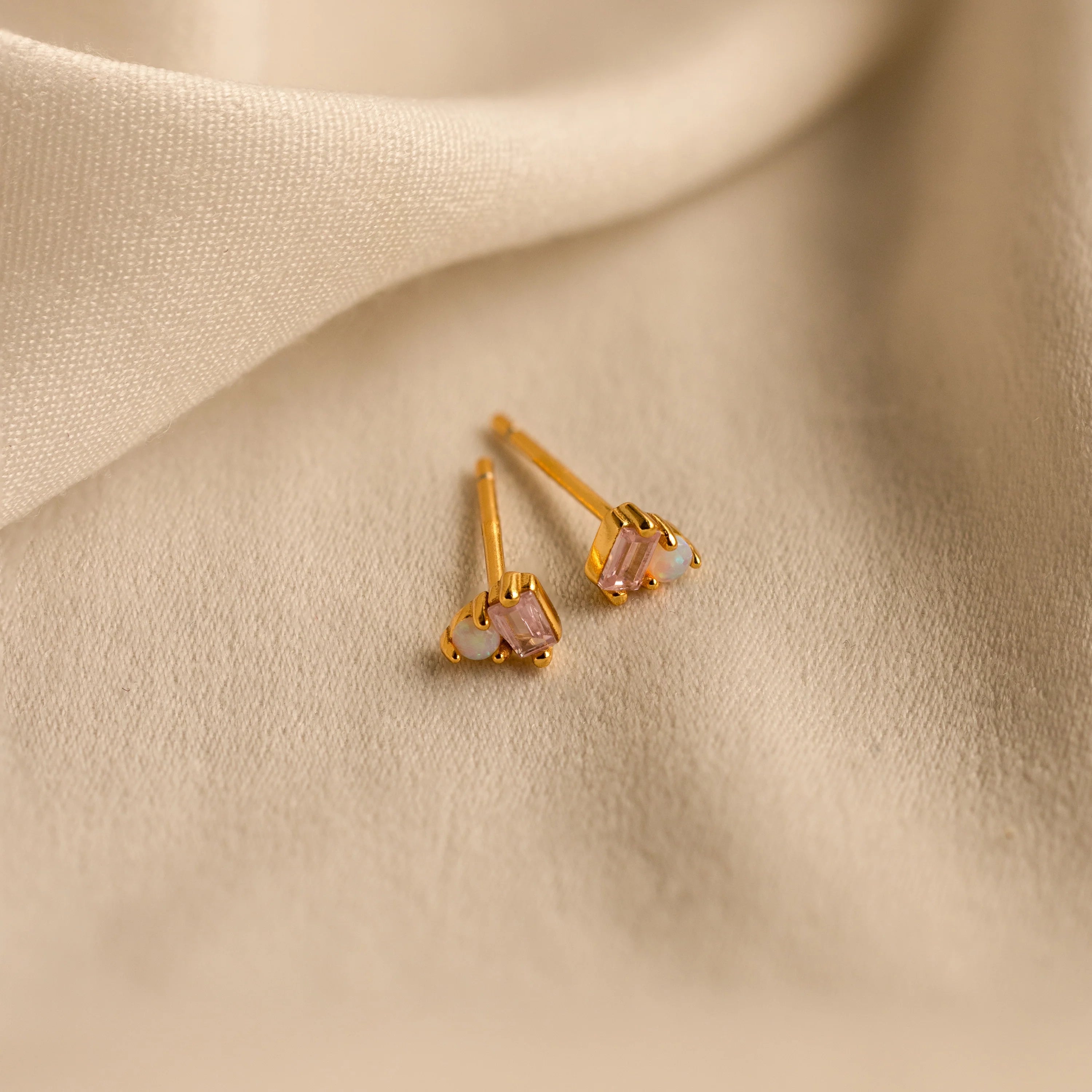 Pink Baguette Opal Studs Silver 18K Gold Plated
