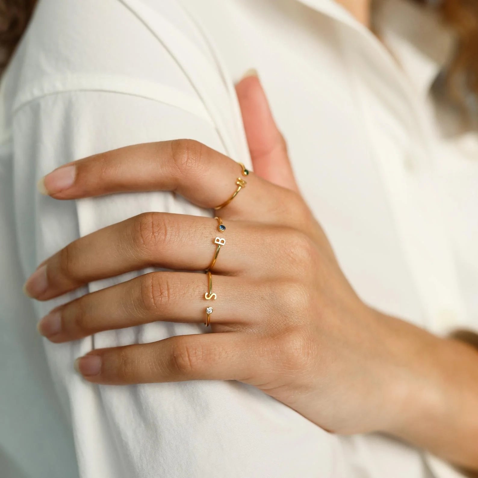 Modern Initial Birthstone Ring Silver 18K Gold Plated