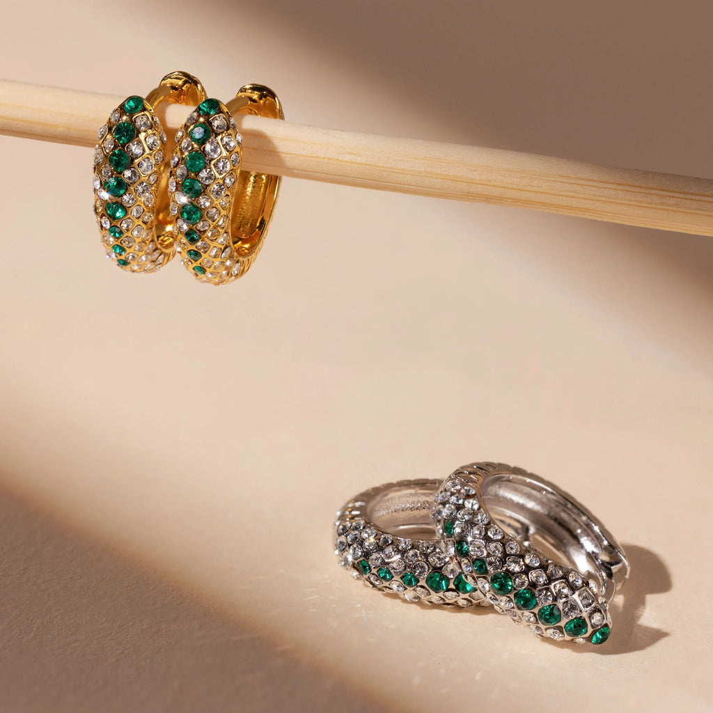 Emerald Pave Snake Hoops Silver 18K Gold Plated