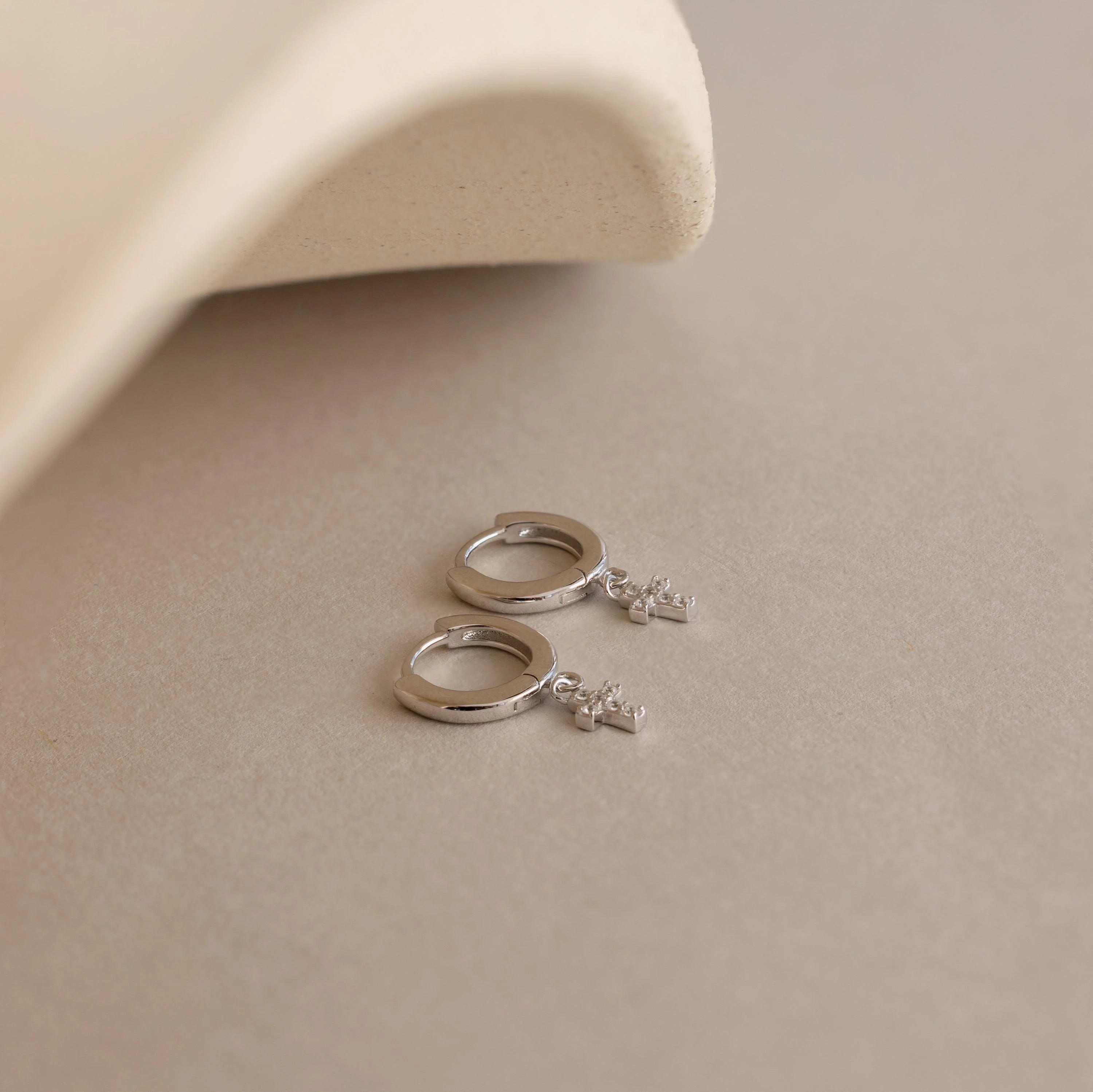 Pave Cross Huggies Silver 18K Gold Plated