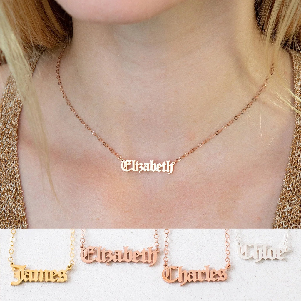 Old English Name Necklace Silver 18K Gold Plated
