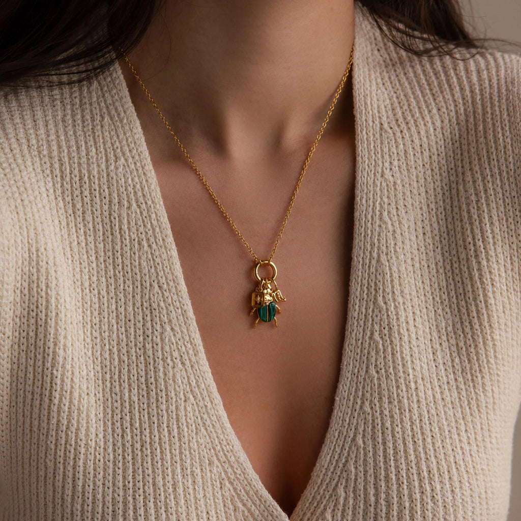 Malachite Beetle Charm Silver 18K Gold Plated