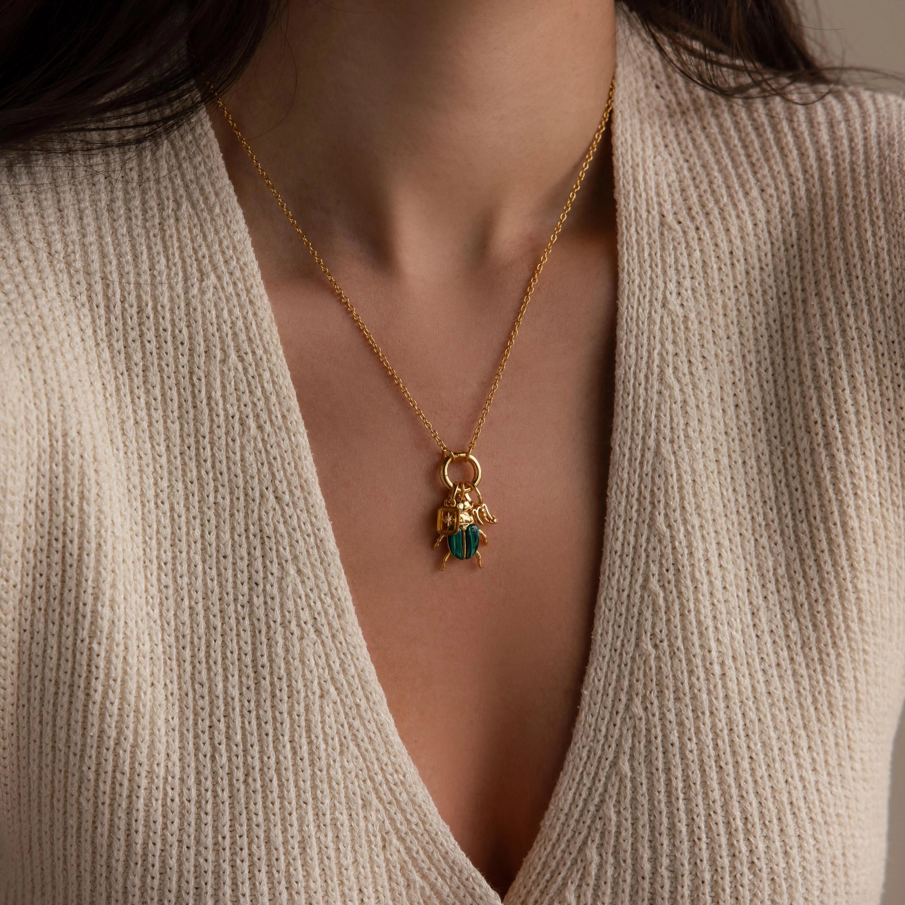Malachite Beetle Charm Silver 18K Gold Plated