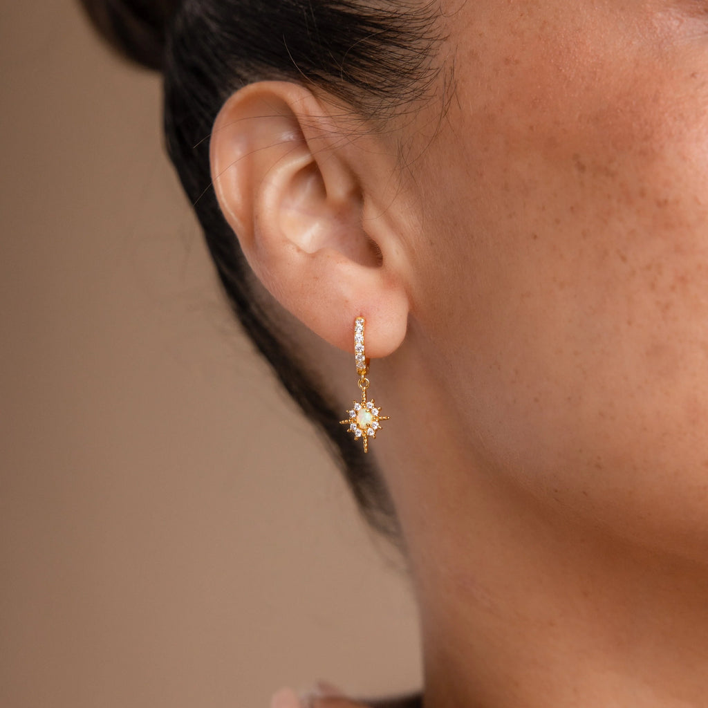 Pave Diamond Opal Star Huggies Silver 18K Gold Plated