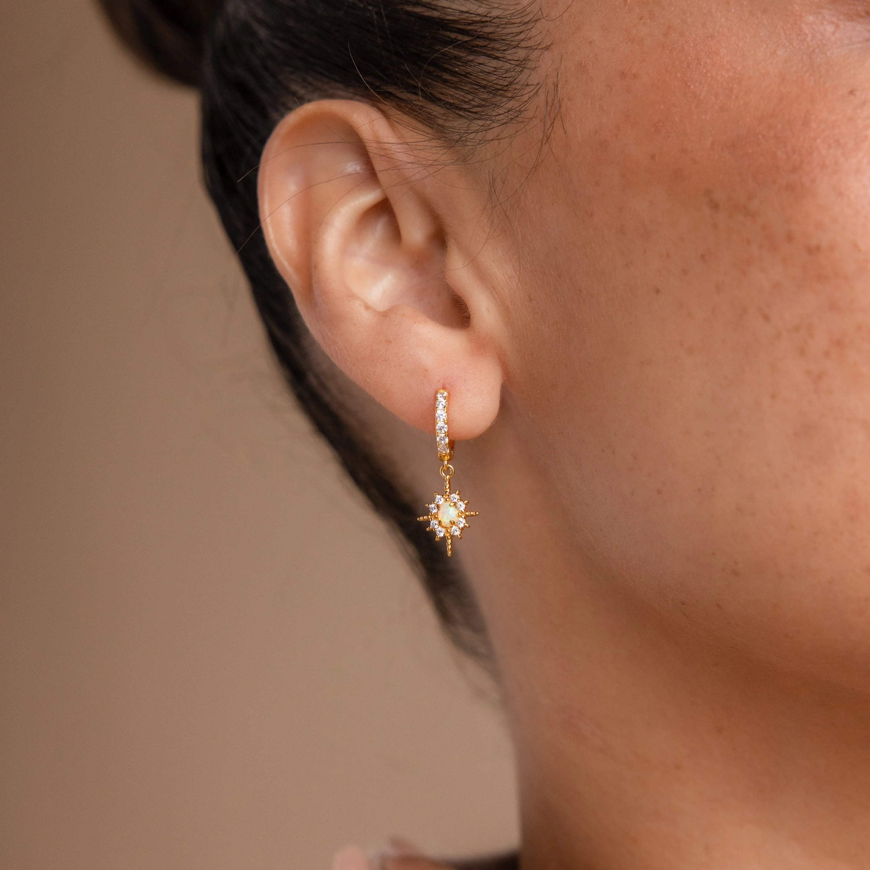 Pave Diamond Opal Star Huggies Silver 18K Gold Plated
