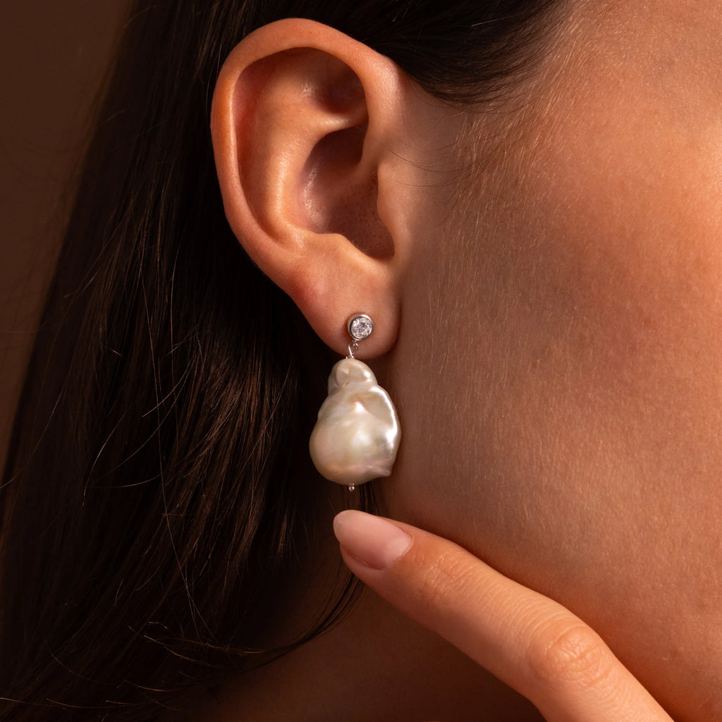 Diamond Baroque Pearl Studs Silver 18K Gold Plated