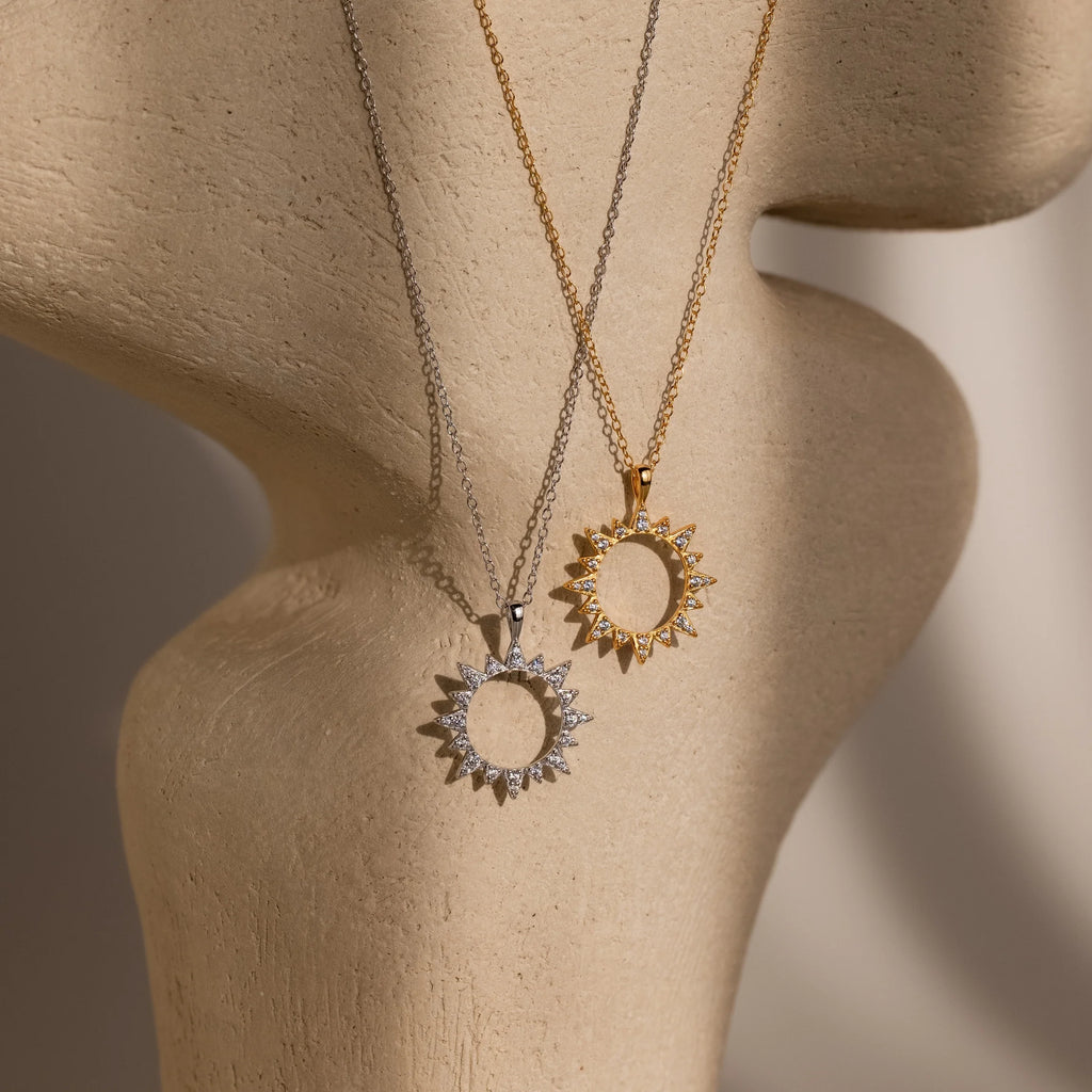 Pave Sun Charm Necklace Silver 18K Gold Plated