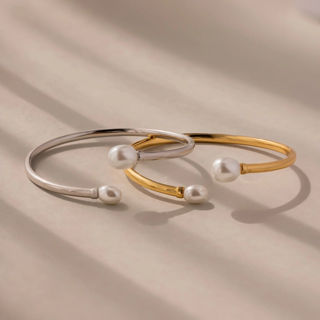 Shell Pearl Cuff Bracelet Silver 18K Gold Plated
