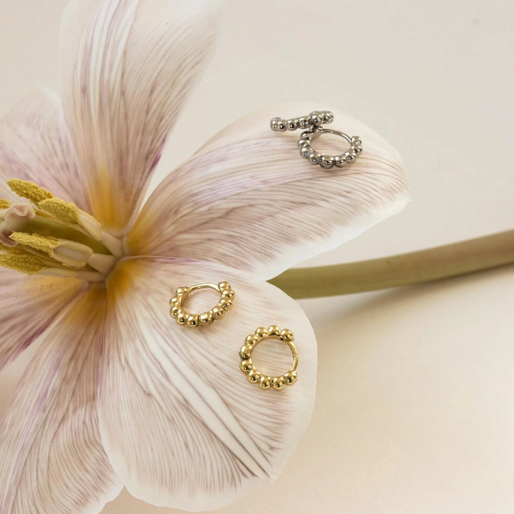 Dainty Sphere Beaded Huggies Silver 18K Gold Plated