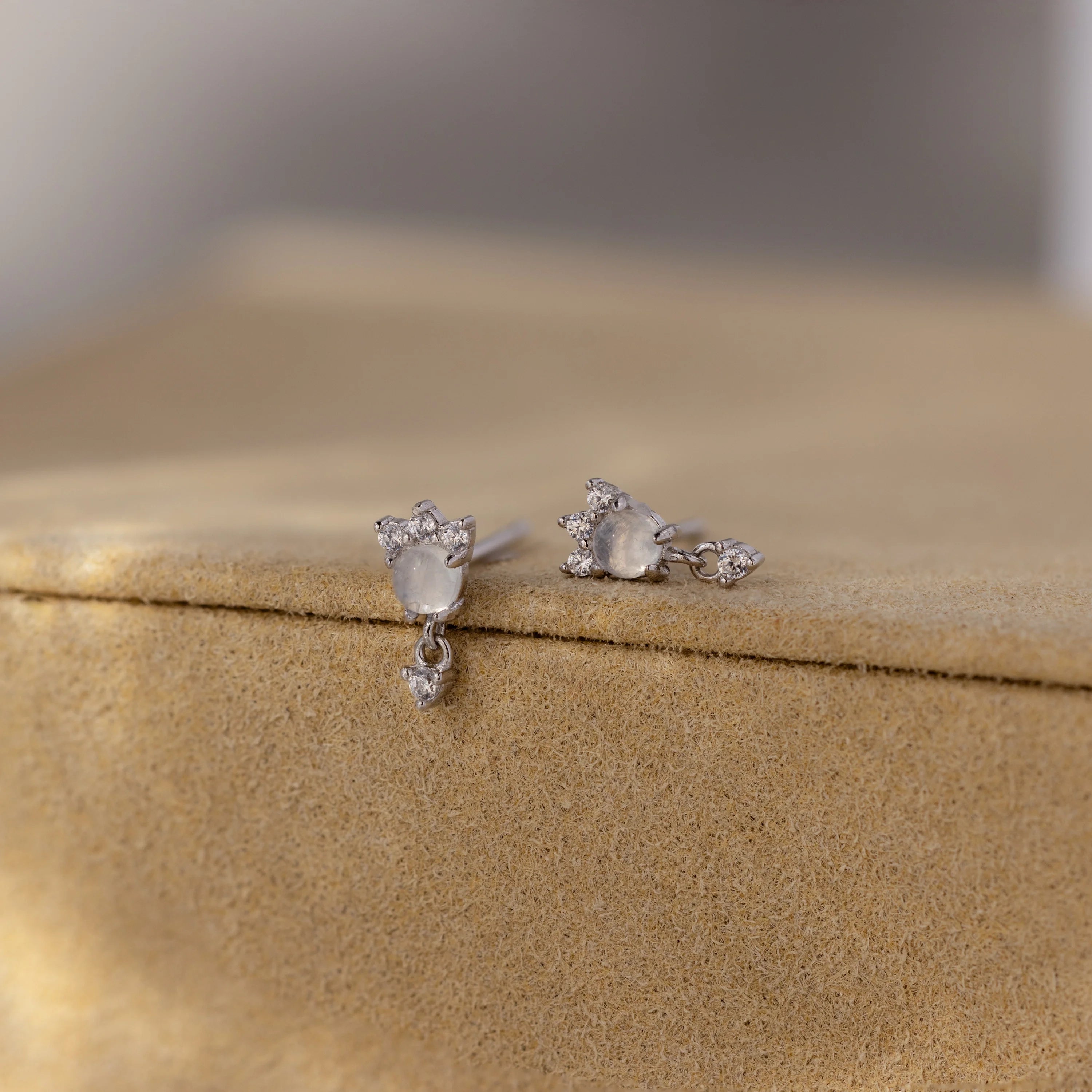 Halo Moonstone Drop Studs Silver 18K Gold Plated