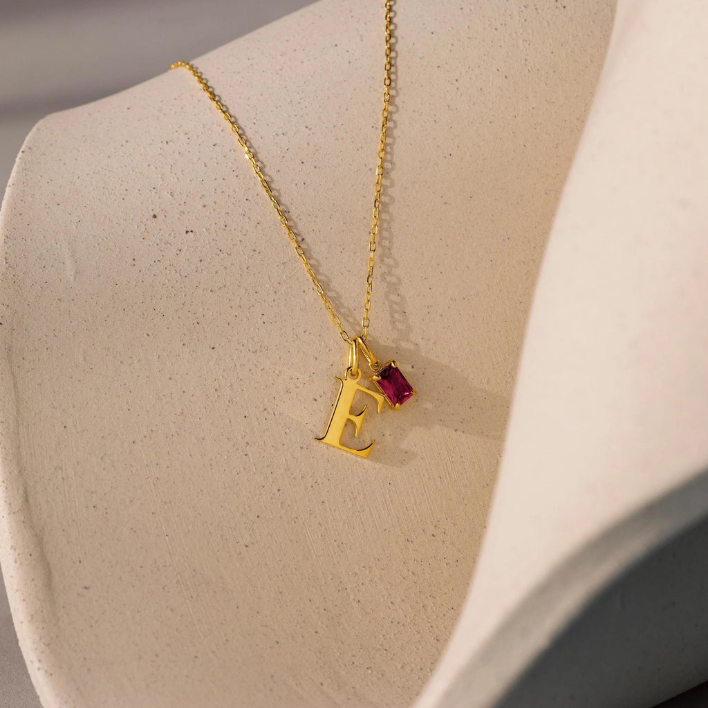Initial Birthstone Charm Necklace Silver 18K Gold Plated