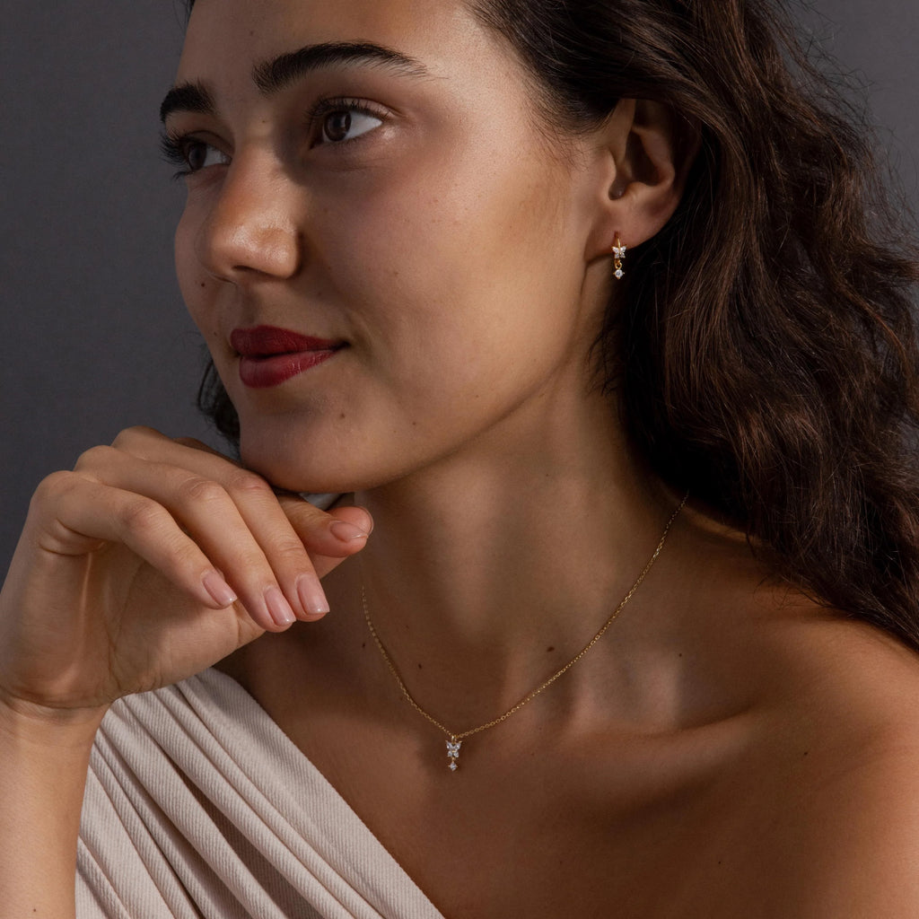 Diamond Butterfly Necklace & Earrings Set Silver 18K Gold Plated