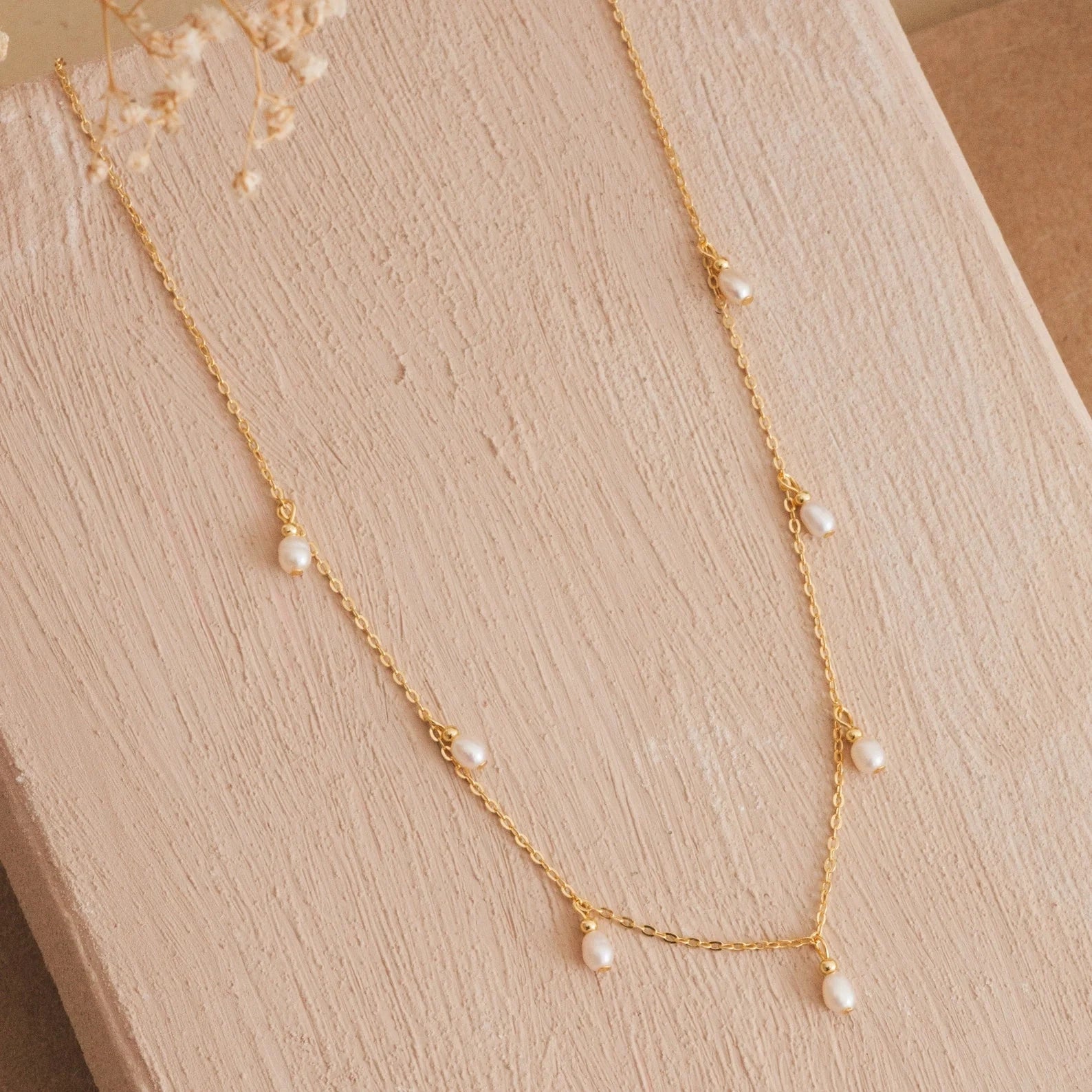 Pearl Station Necklace Silver 18K Gold Plated