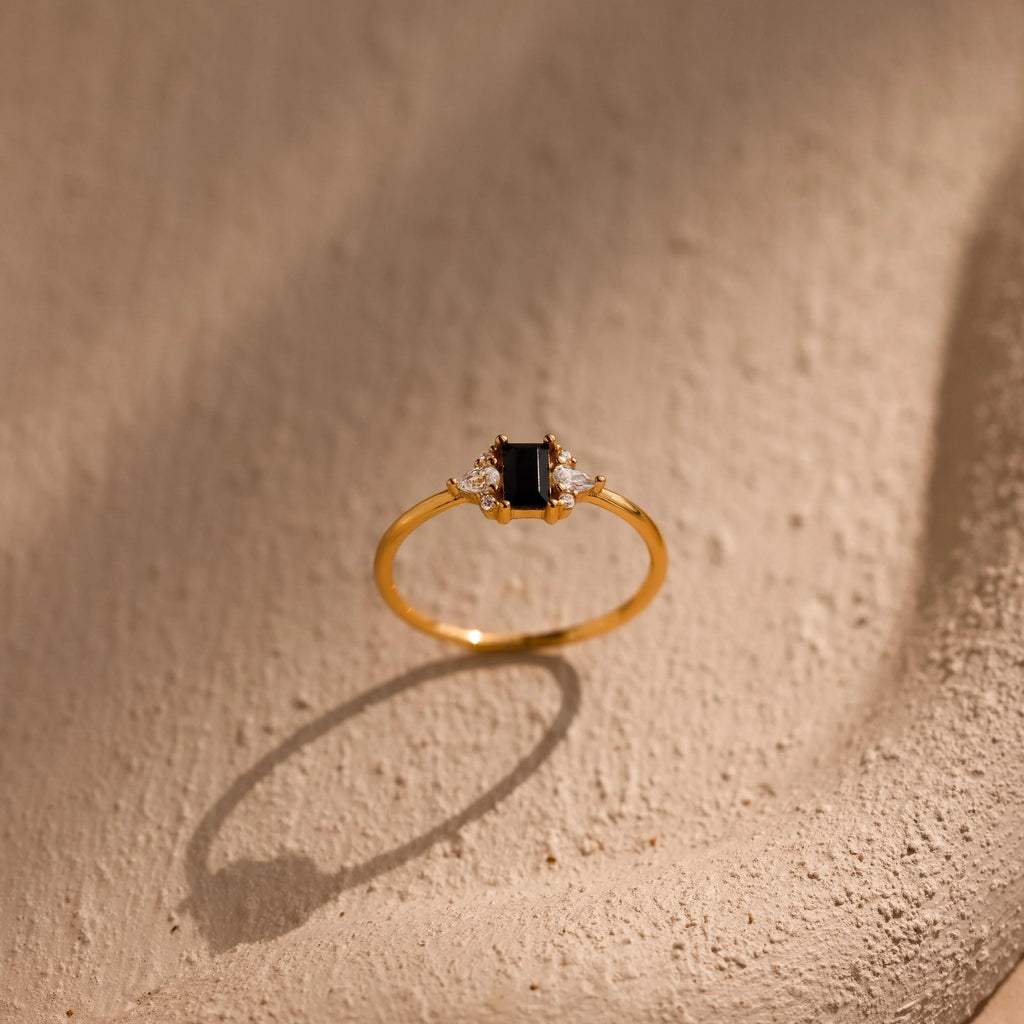 Onyx Baguette Diamond Ring Silver 18K Gold Plated