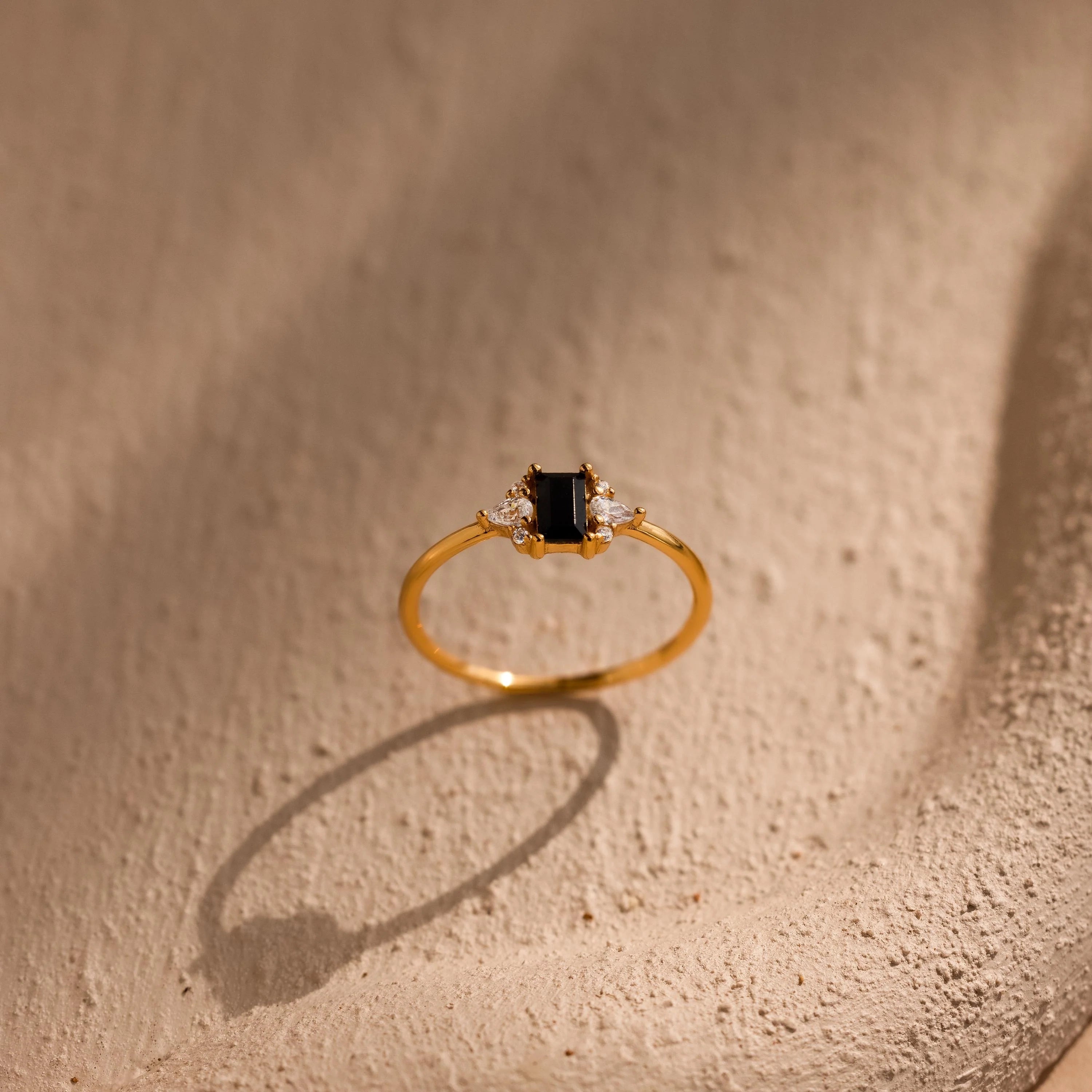 Onyx Baguette Diamond Ring Silver 18K Gold Plated