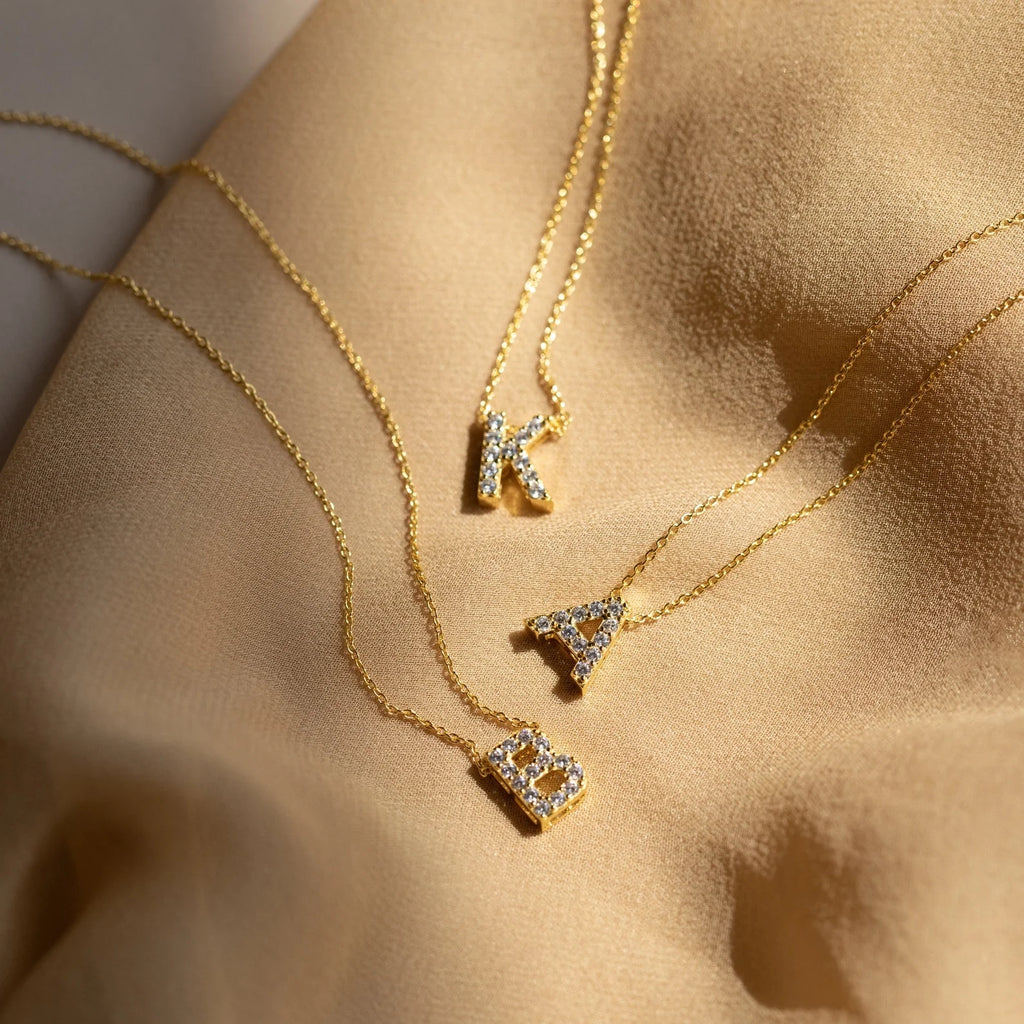 Floating Pave Initial Necklace Silver 18K Gold Plated
