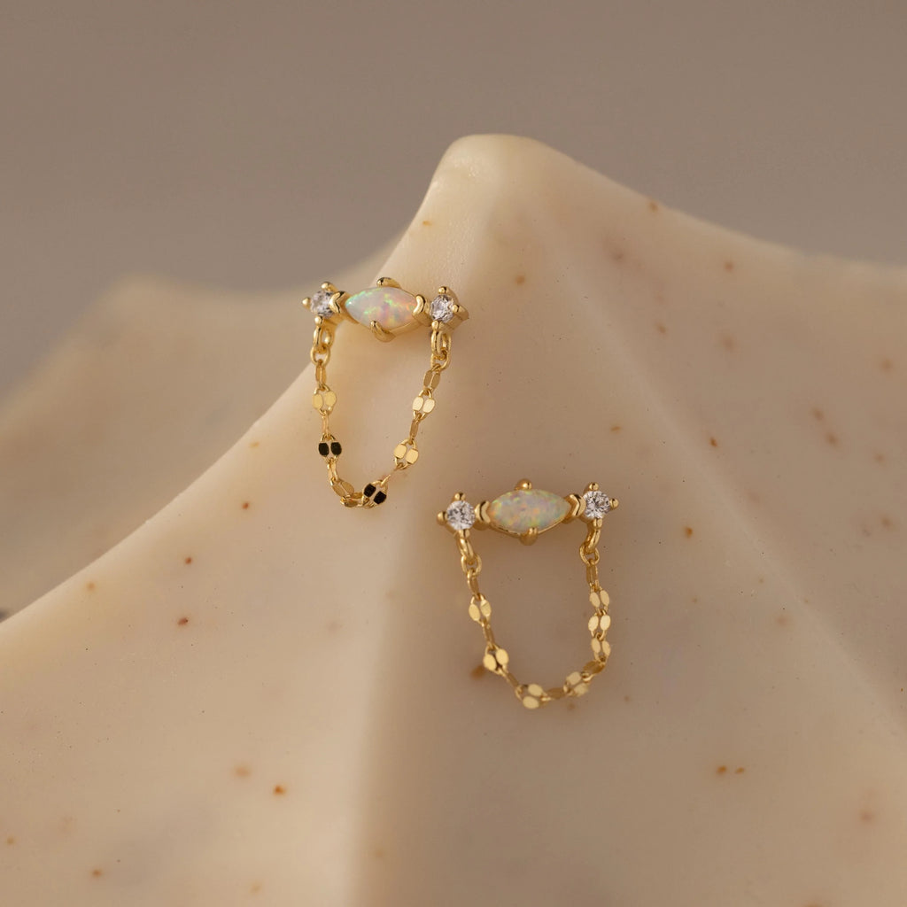 Opal & Diamond Chain Studs Silver 18K Gold Plated