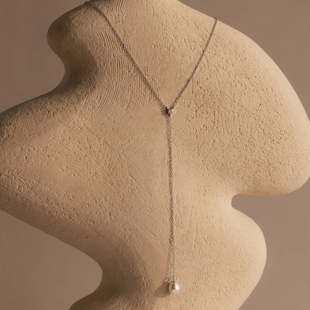 Diamond Pearl Lariat Chain Necklace Silver 18K Gold Plated