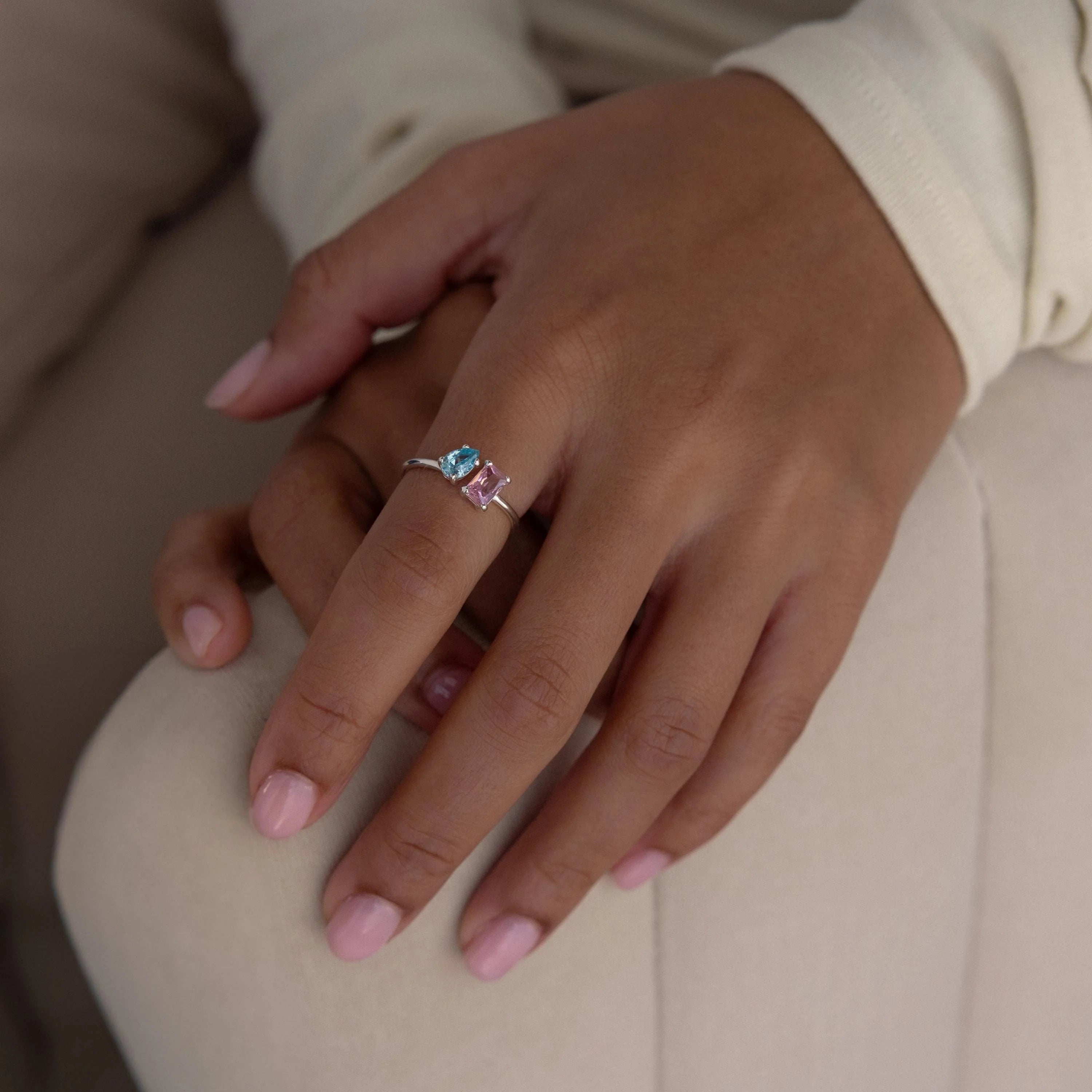 Open Toi et Moi Birthstone Ring Silver 18K Gold Plated