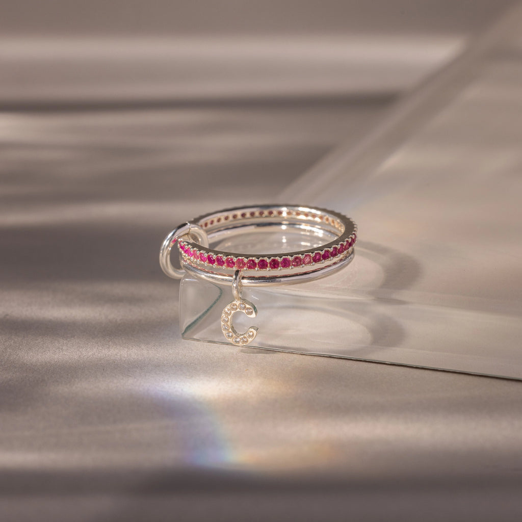Initial Ruby Linked Ring Set Silver 18K Gold Plated
