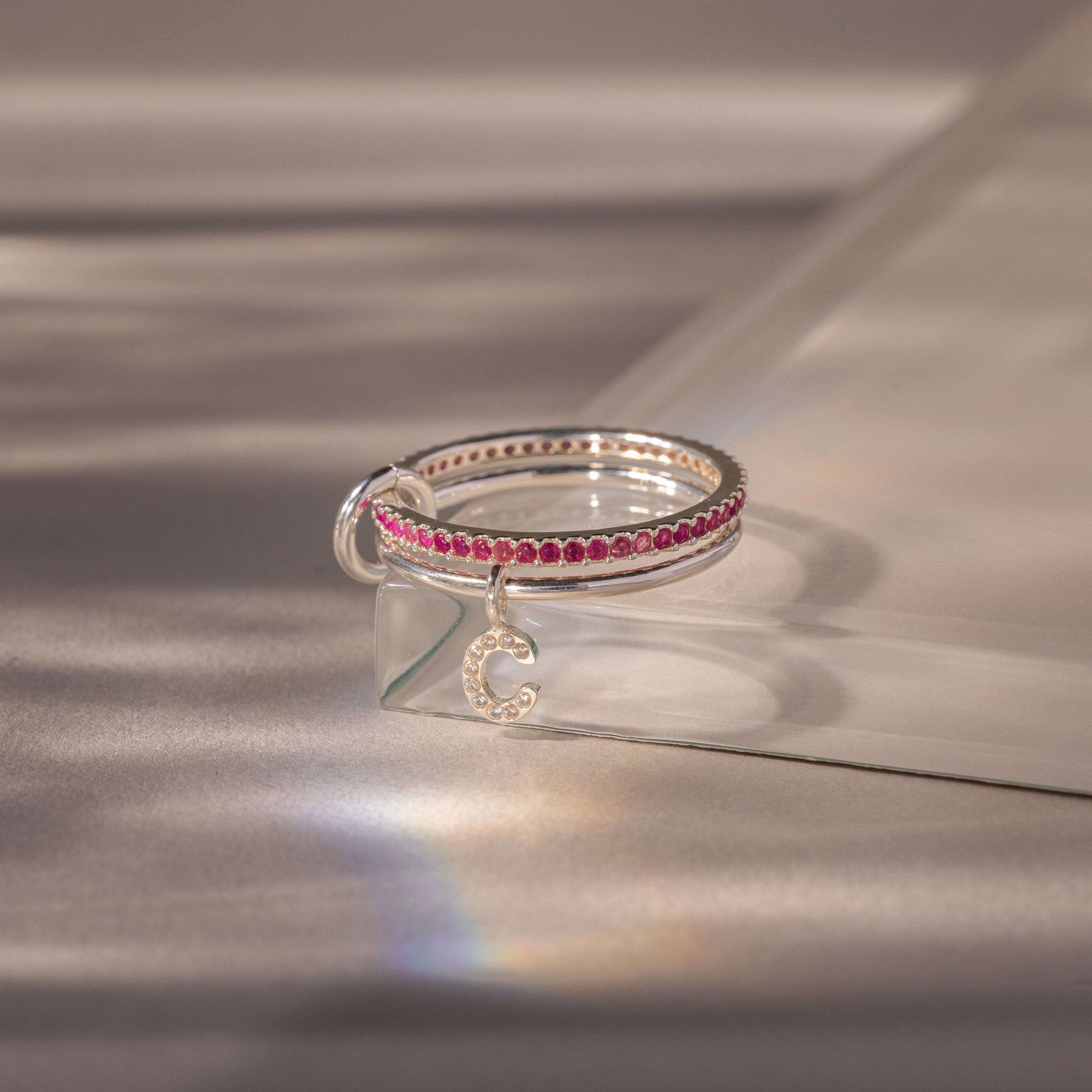 Initial Ruby Linked Ring Set Silver 18K Gold Plated