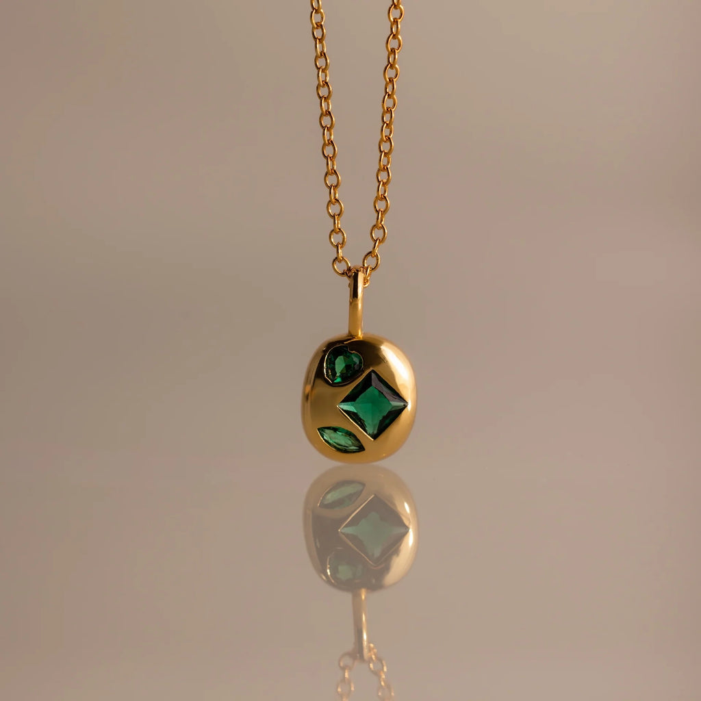 Heart/Square & Marquise Emerald Capsule Necklace Silver 18K Gold Plated