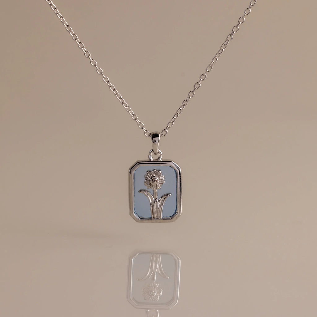 Blue Zircon Birth Flower Charm Necklace Silver 18K Gold Plated