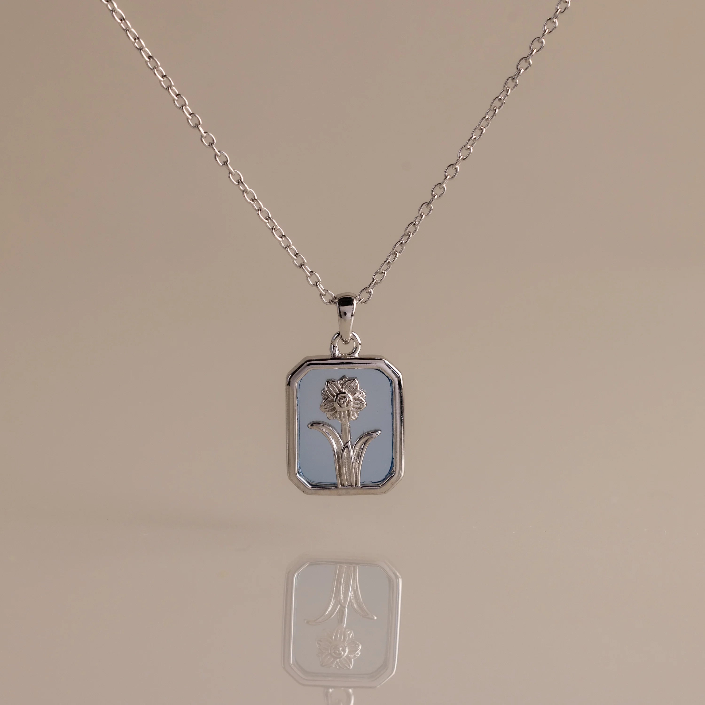 Blue Zircon Birth Flower Charm Necklace Silver 18K Gold Plated