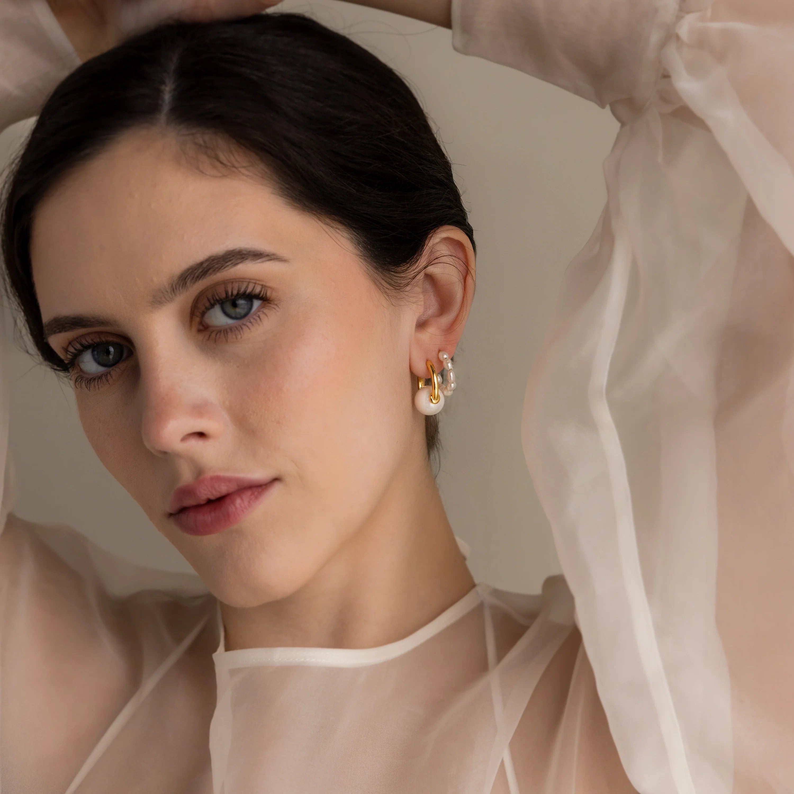 Round Pearl Hoops Silver 18K Gold Plated