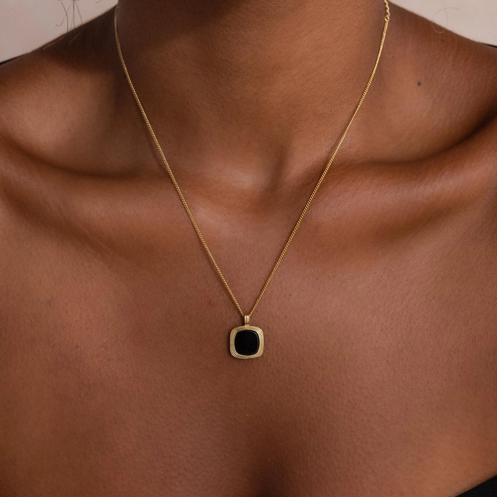Square Onyx Necklace Silver 18K Gold Plated