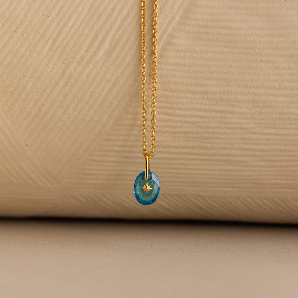 North Star Birthstone Signet Necklace in Aquamarine Silver 18K Gold Plated