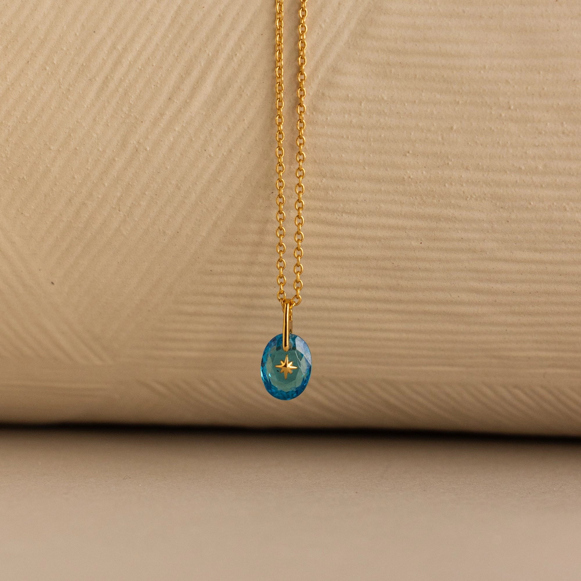 North Star Birthstone Signet Necklace in Aquamarine Silver 18K Gold Plated