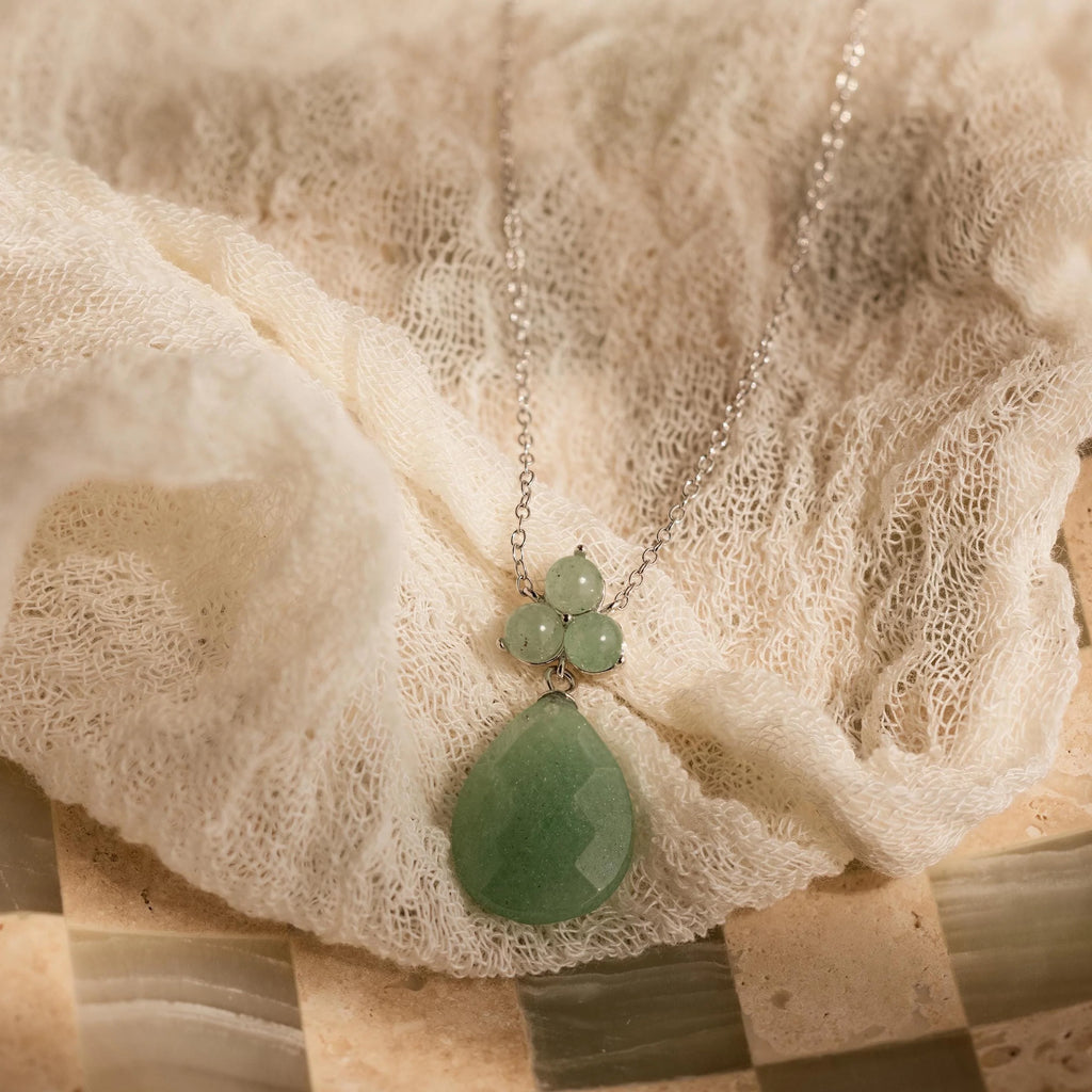 Jade Flower Teardrop Necklace Silver 18K Gold Plated