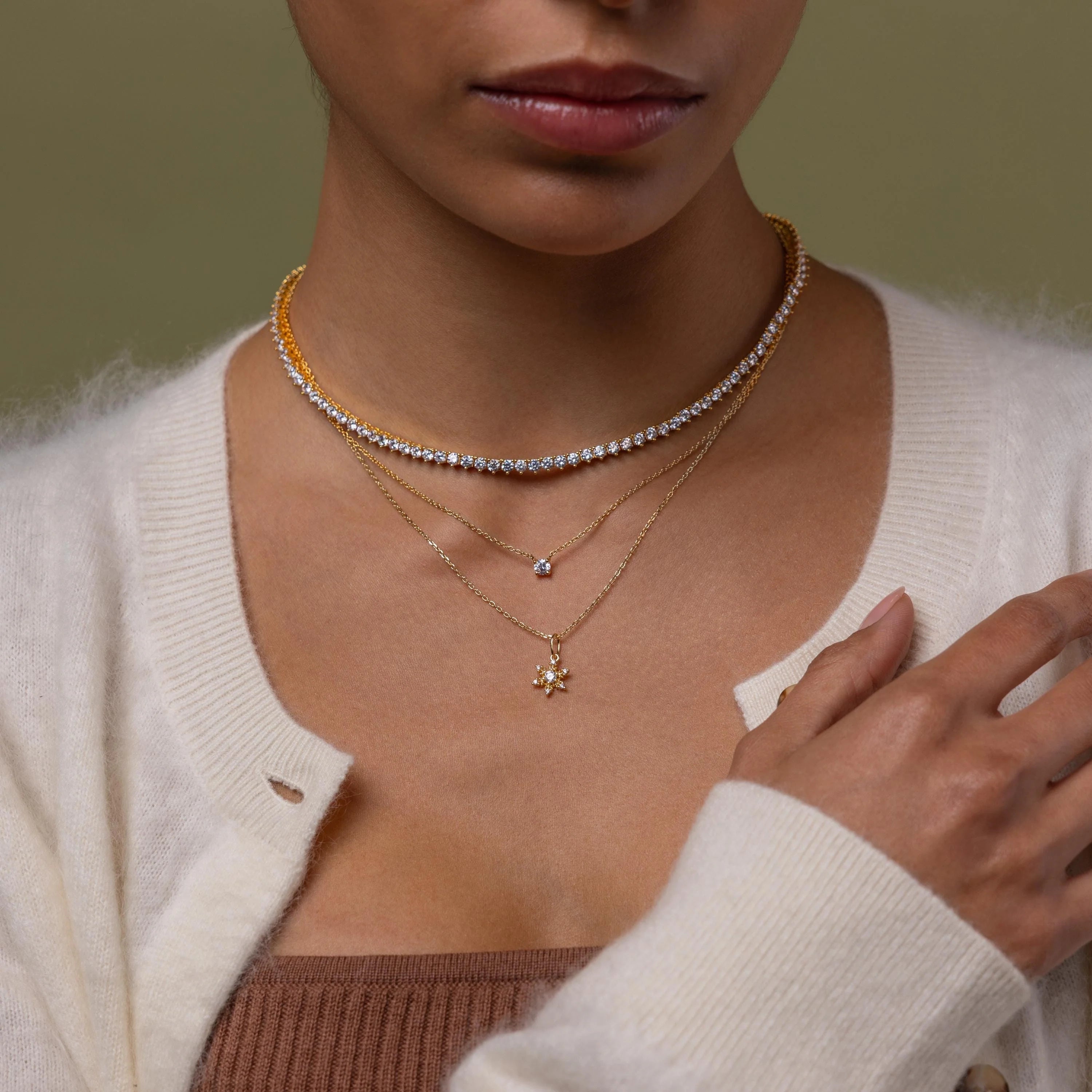 Diamond Snowflake Necklace  Silver 18K Gold Plated