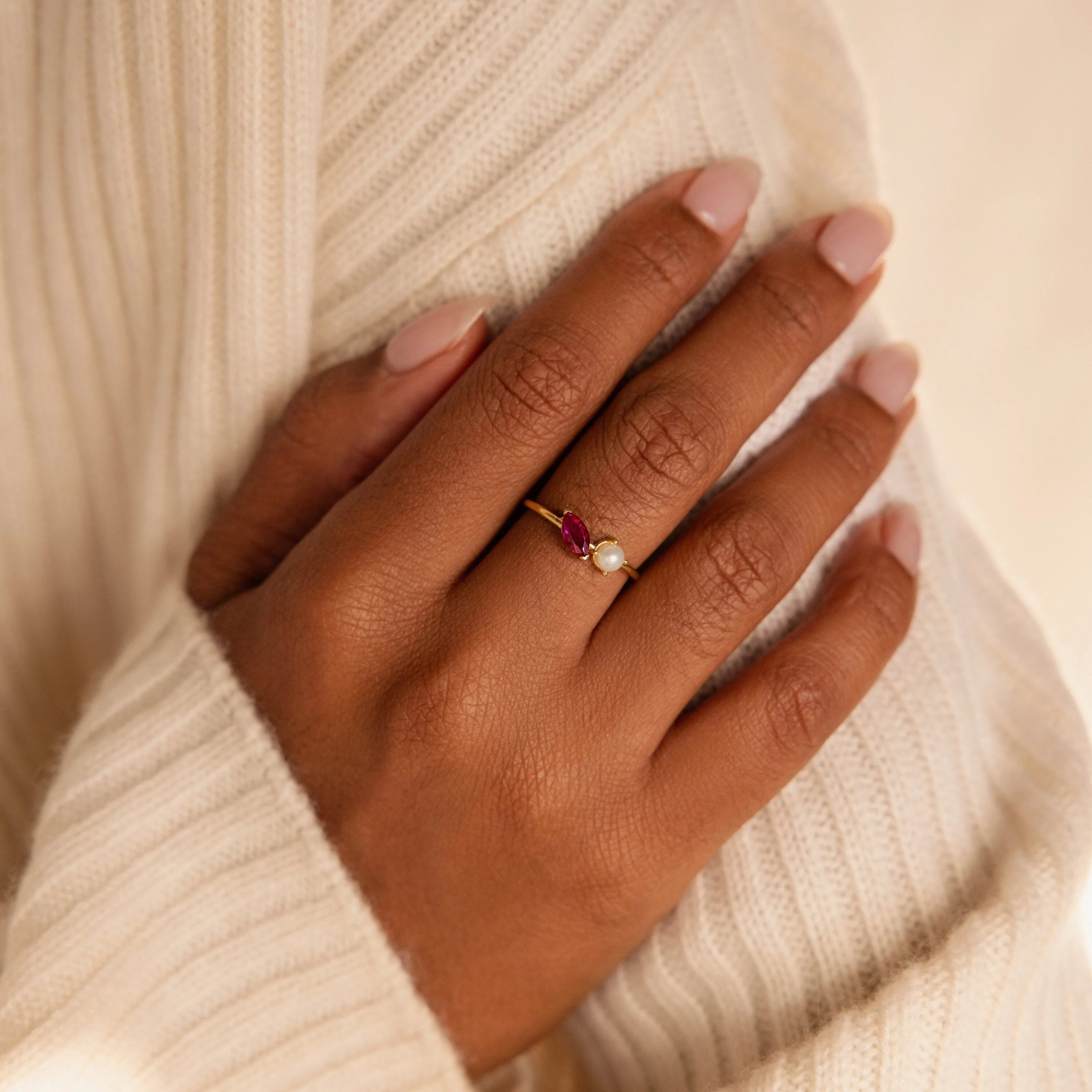 Marquise Birthstone Pearl Ring Silver 18K Gold Plated