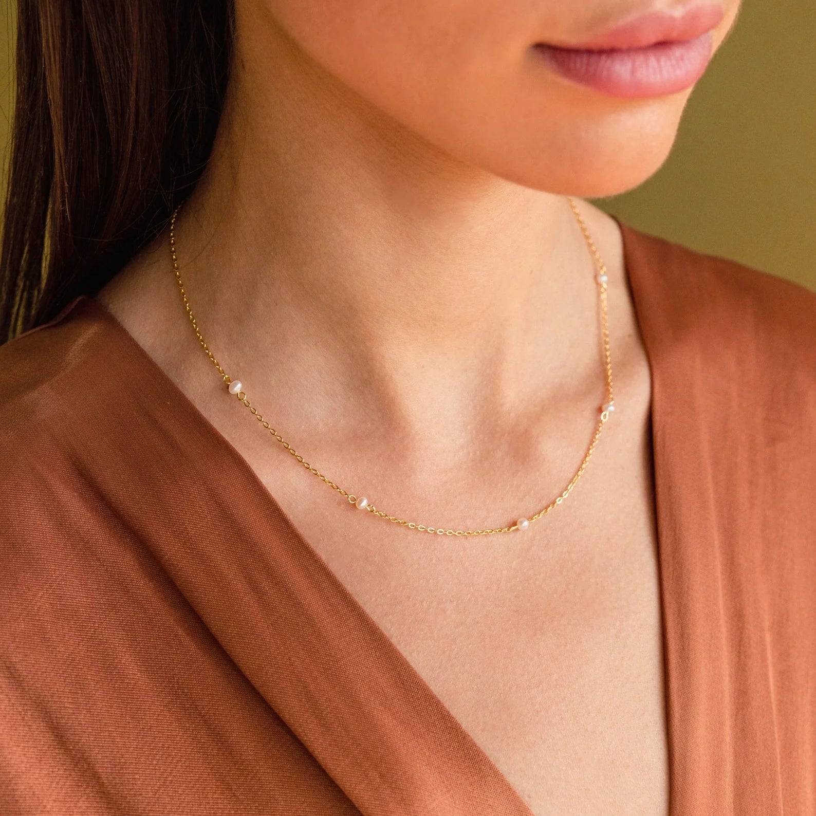 Beaded Pearl Station Necklace Silver 18K Gold Plated