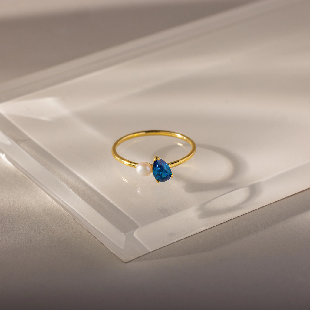 Blue Zircon Teardrop  Pearl Ring Silver 18K Gold Plated