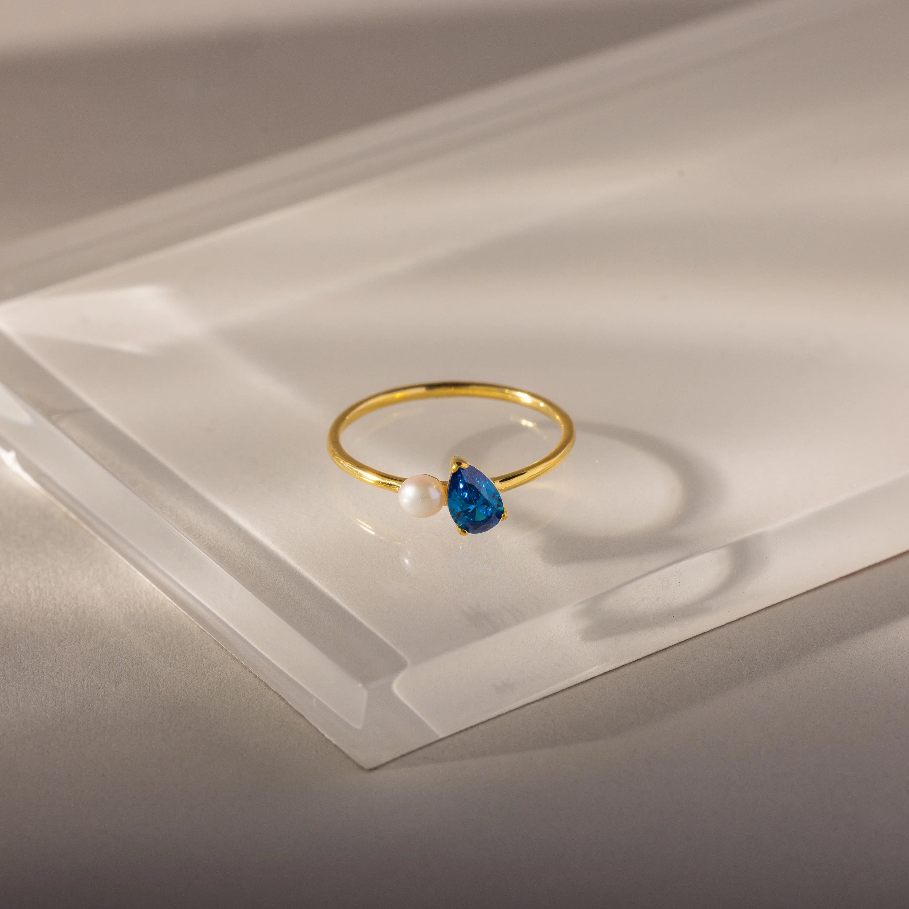 Blue Zircon Teardrop  Pearl Ring Silver 18K Gold Plated